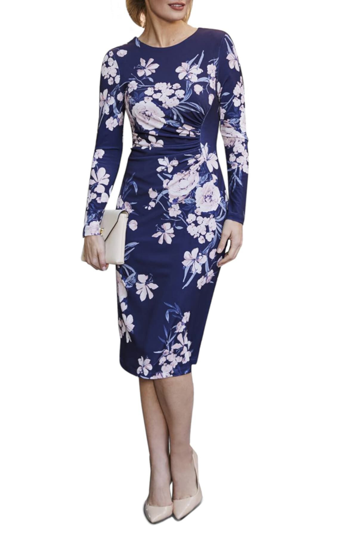 Платье-футляр с длинными рукавами и цветочными сборками HARPER ROSE