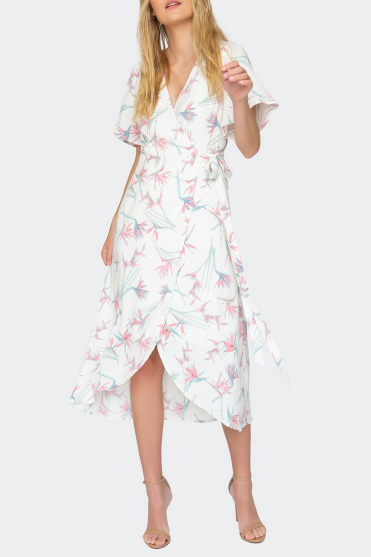 Clarinda Floral Flutter Sleeve Midi Wrap Dress Tart