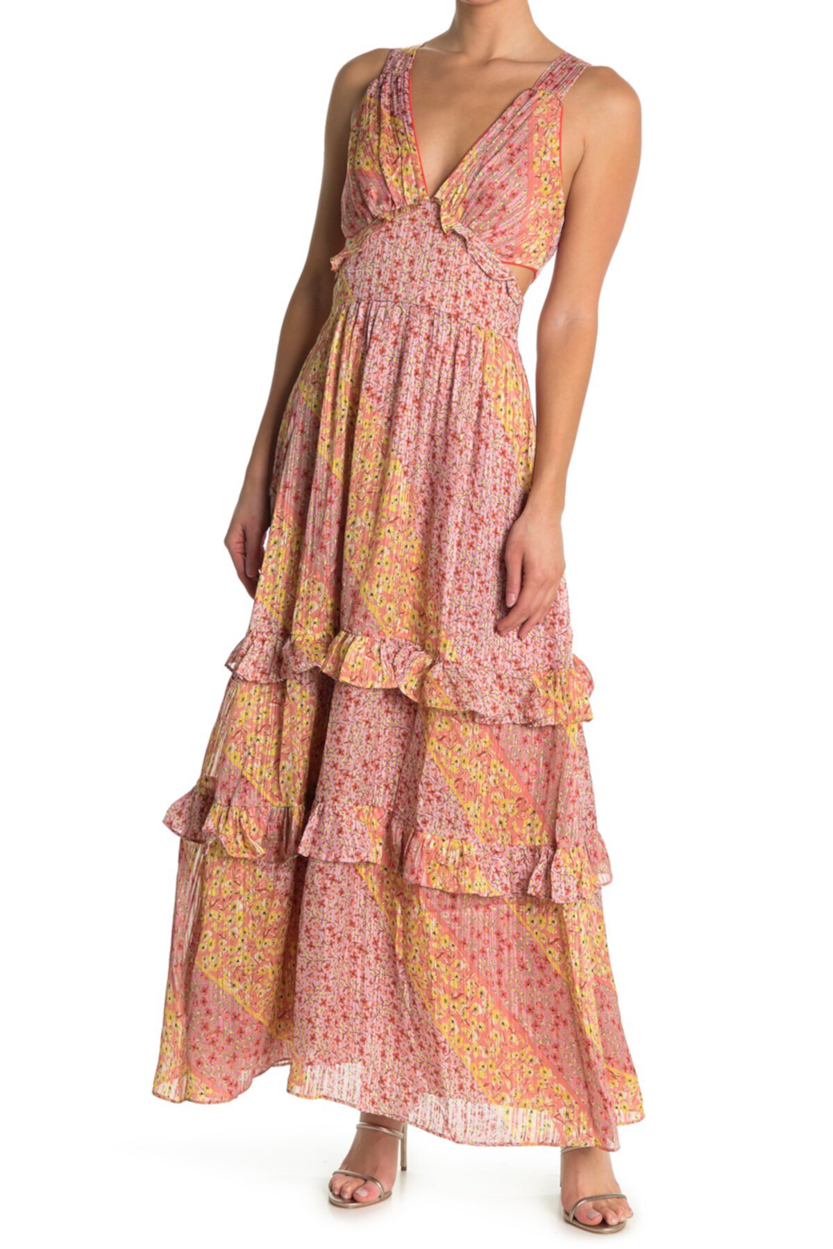 Розово-оранжевое многоуровневое платье макси с оборками Harlyn