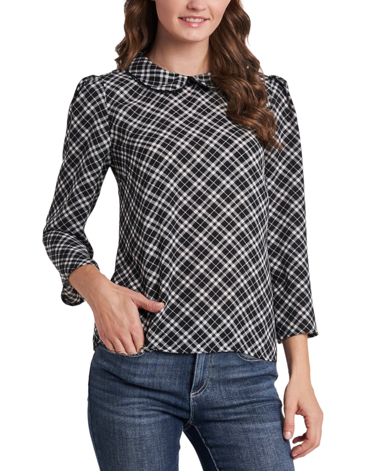 Collared Plaid 3/4-Sleeve Blouse CeCe