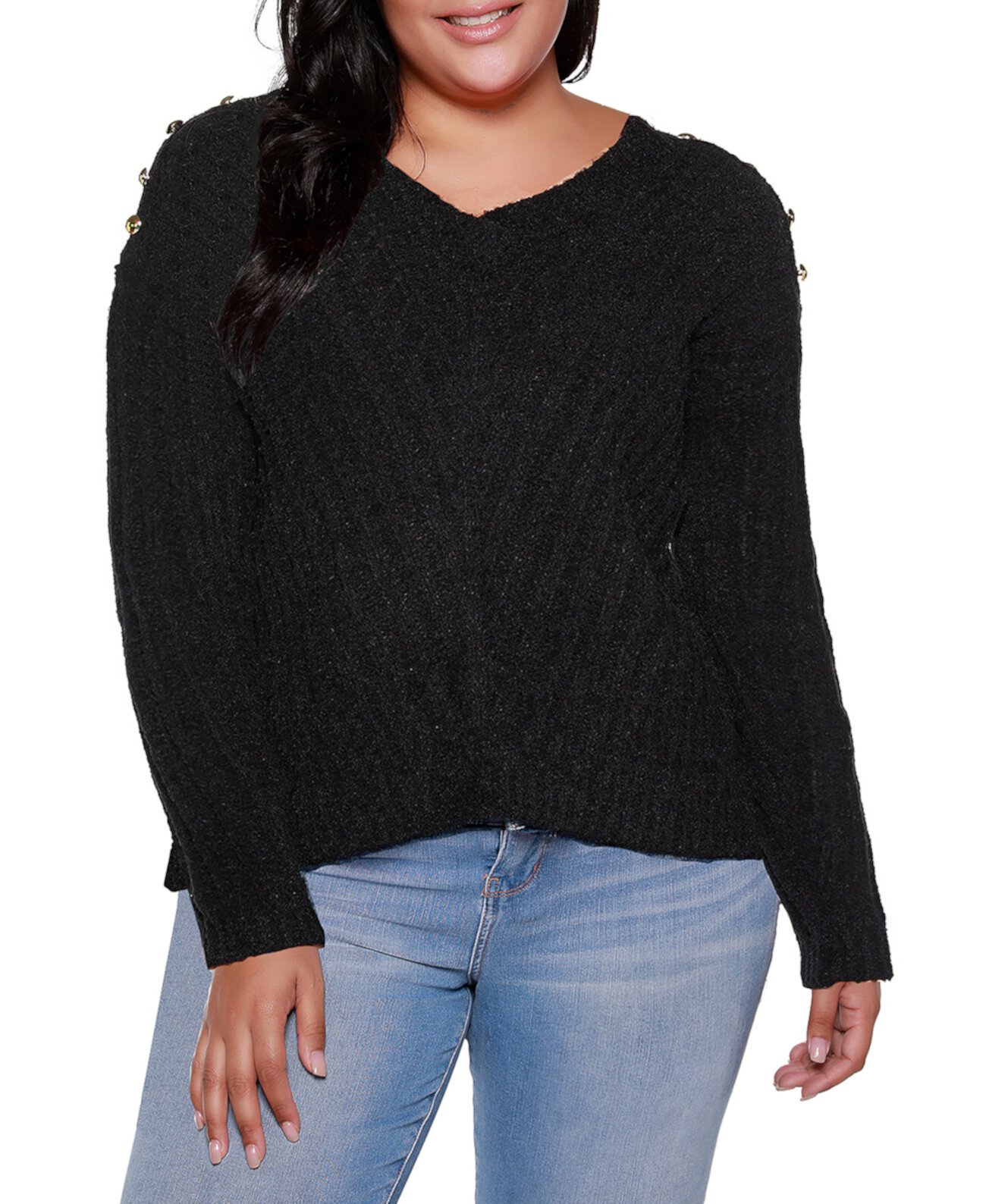 Вязаный свитер большого размера с V-образным вырезом в рубчик и украшением Black Label Belldini