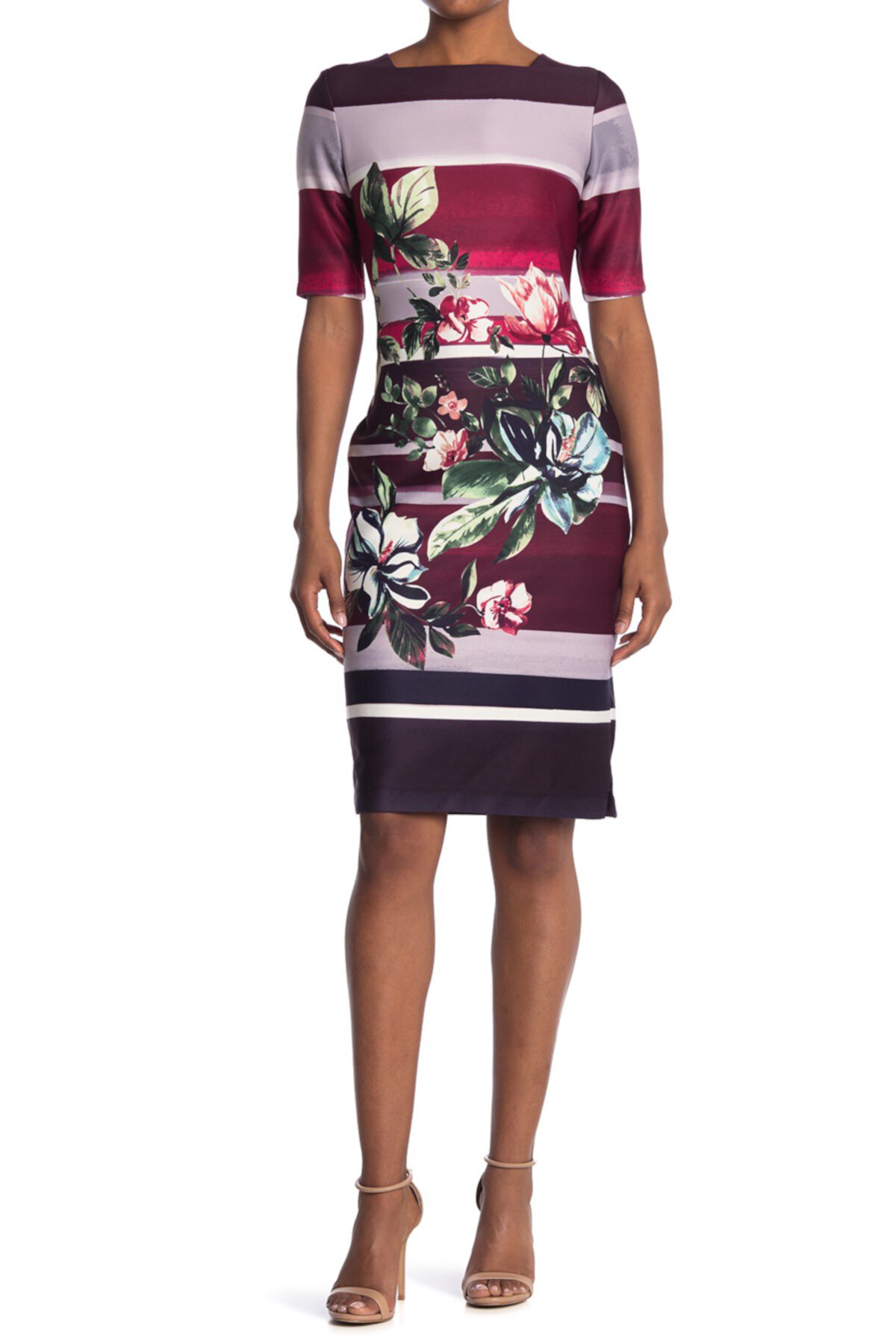 Платье-футляр с цветочными полосками и рукавами до локтей Gabby Skye