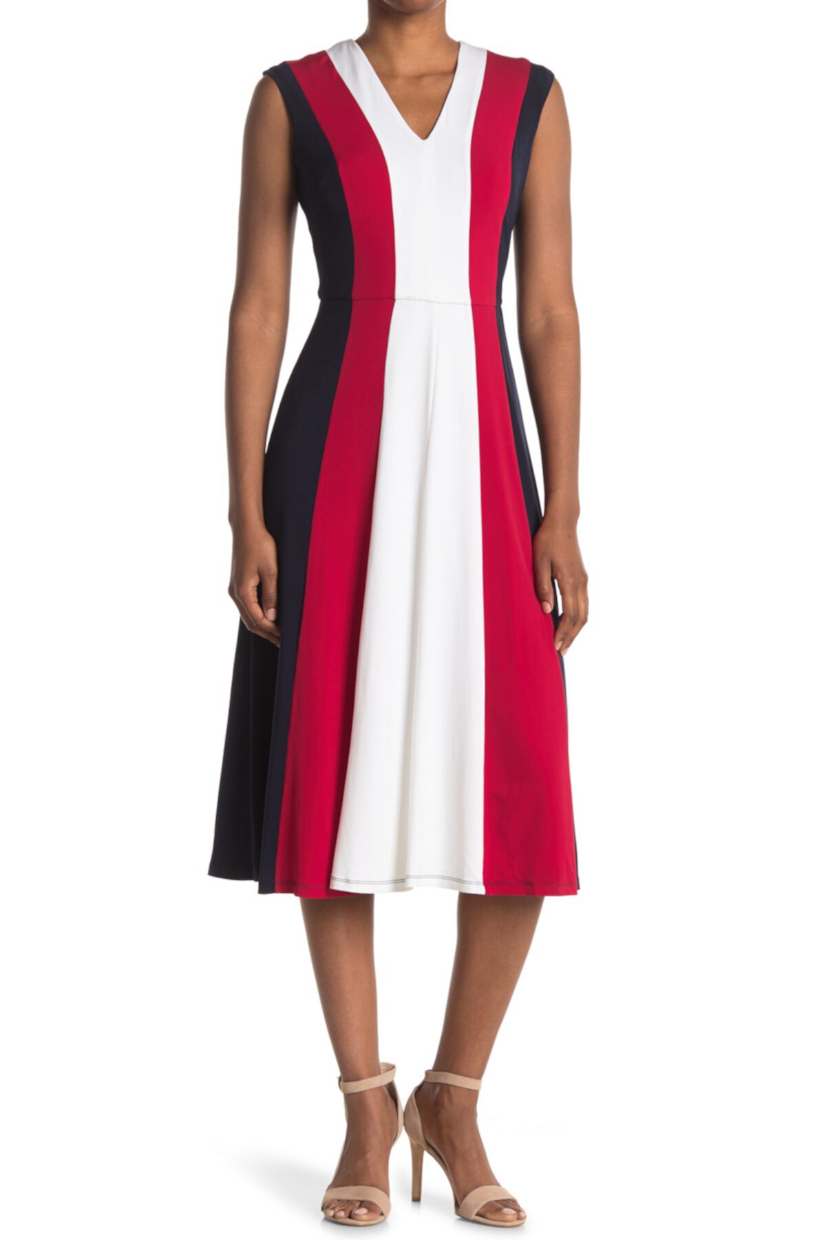 Платье с V-образным вырезом и расклешенной юбкой с цветными блоками Maggy London