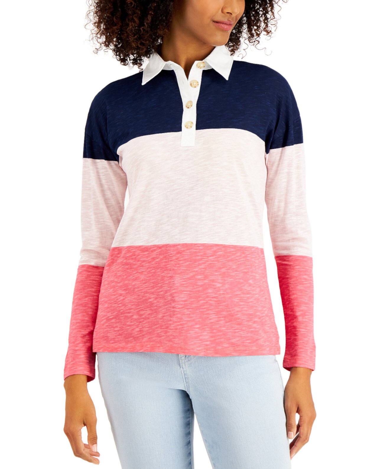 Полосатая рубашка-поло с длинным рукавом, созданная для Macy's Style & Co