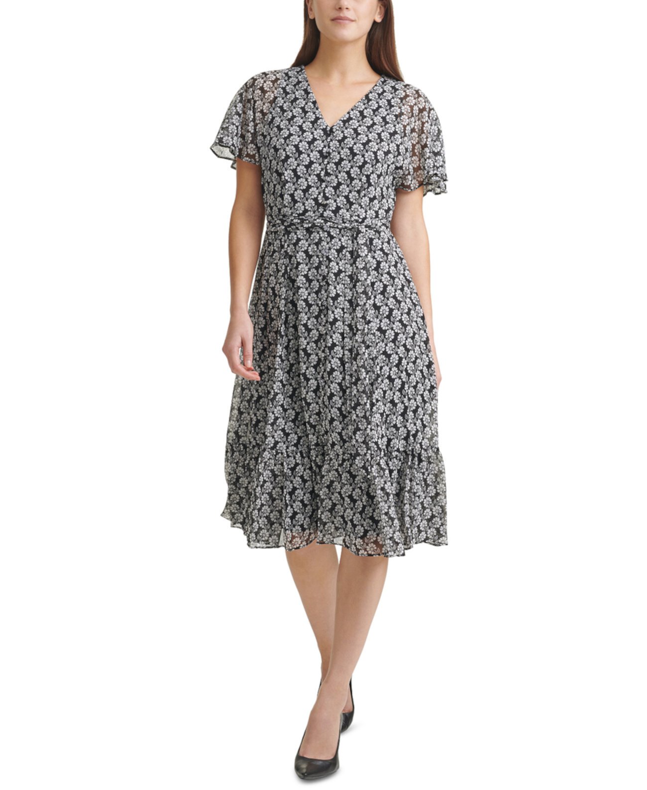 Шифоновое платье-миди с цветочным принтом и поясом Calvin Klein