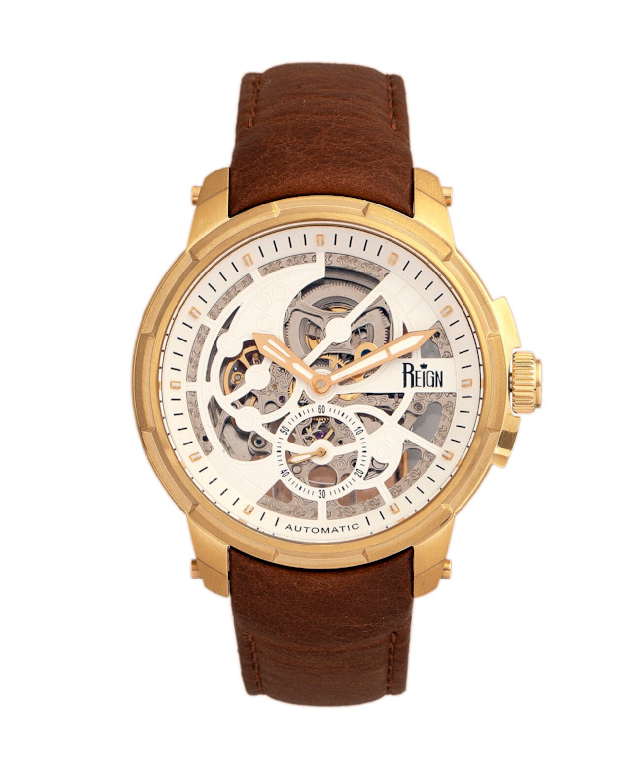 Matheson Automatic Gold Case, часы из натуральной коричневой кожи 45 мм Reign