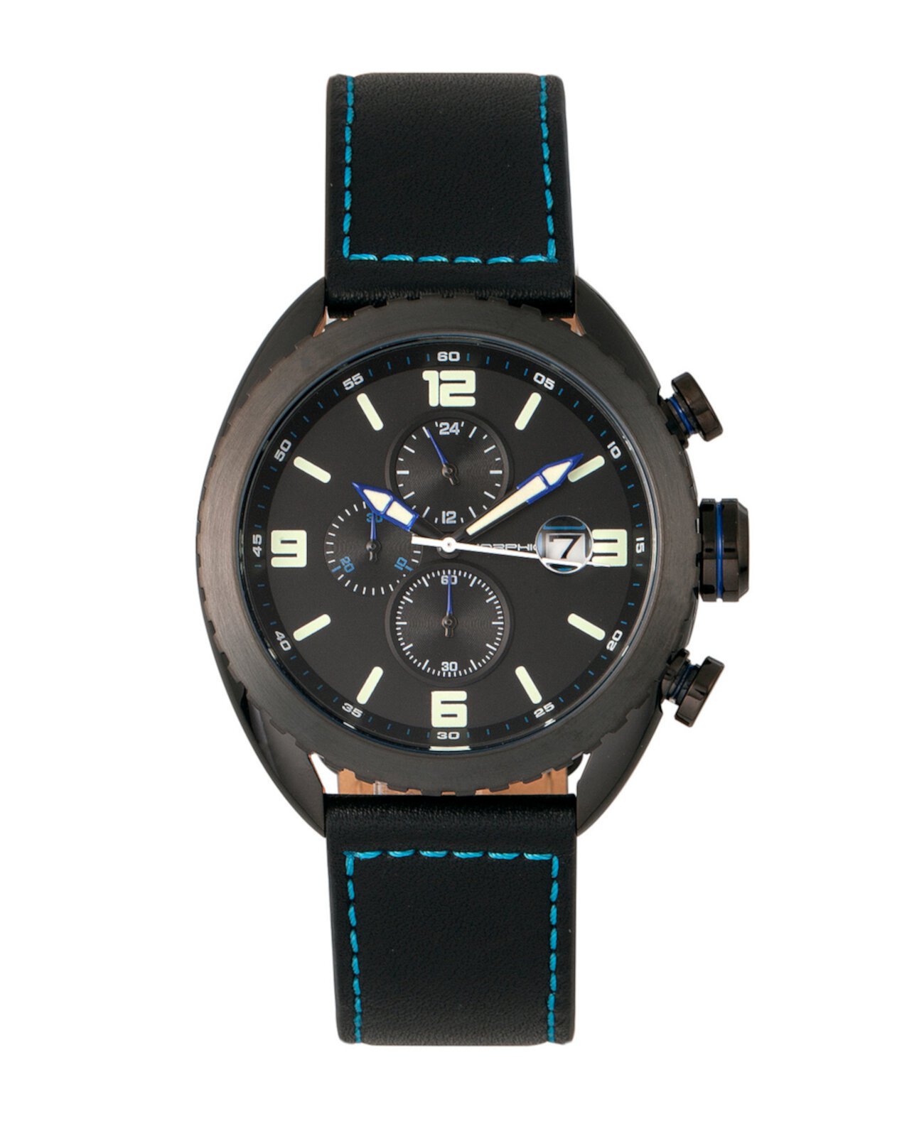 Серия M64, черный корпус, хронограф, часы с синим кантом и черным кожаным ремешком с датой, 48 мм Morphic