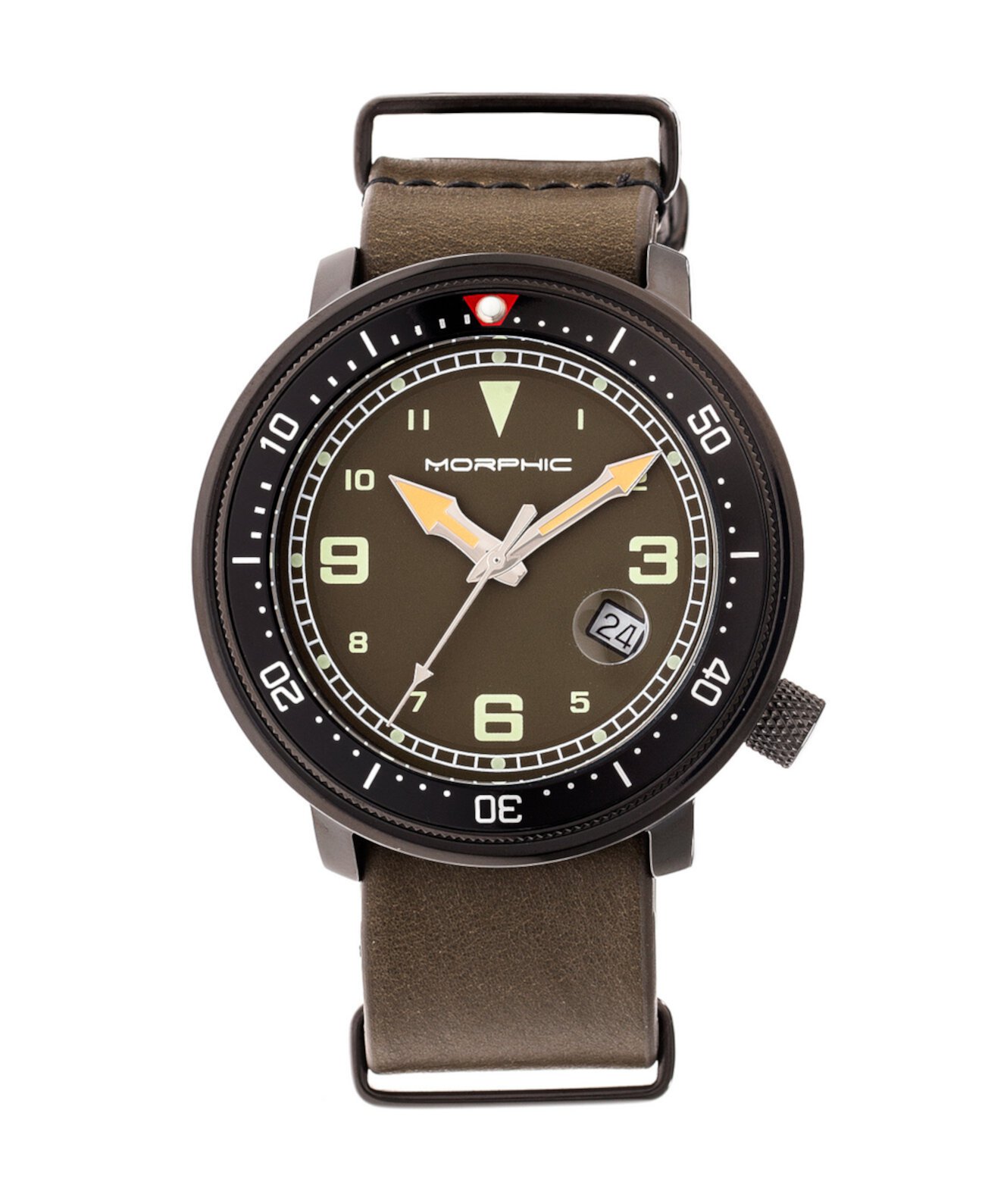 Серия M58, черный корпус, часы с оливковым кожаным ремешком НАТО и датой, 42 мм Morphic