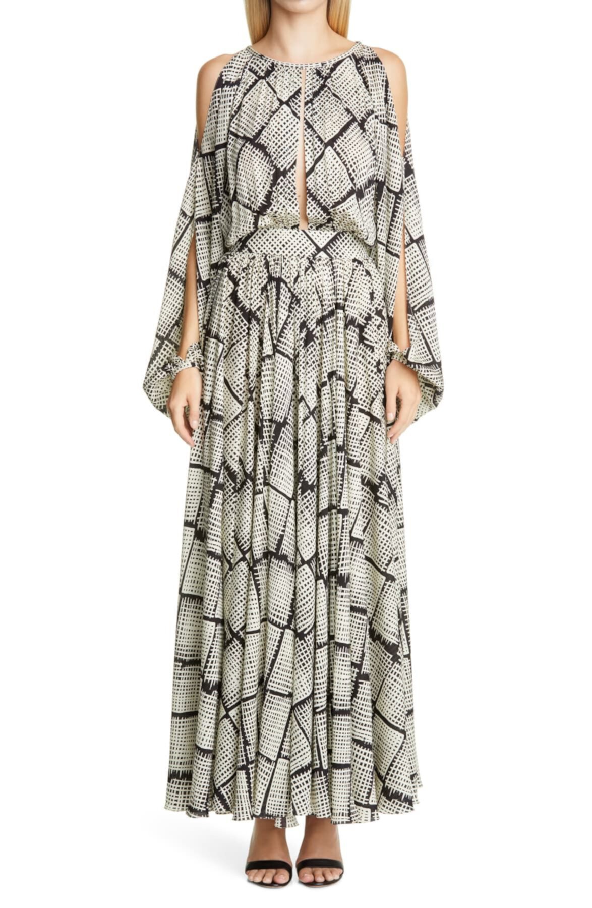 ST. Макси-платье из шелкового атласного жоржета с длинными рукавами JOHN St. John Collection