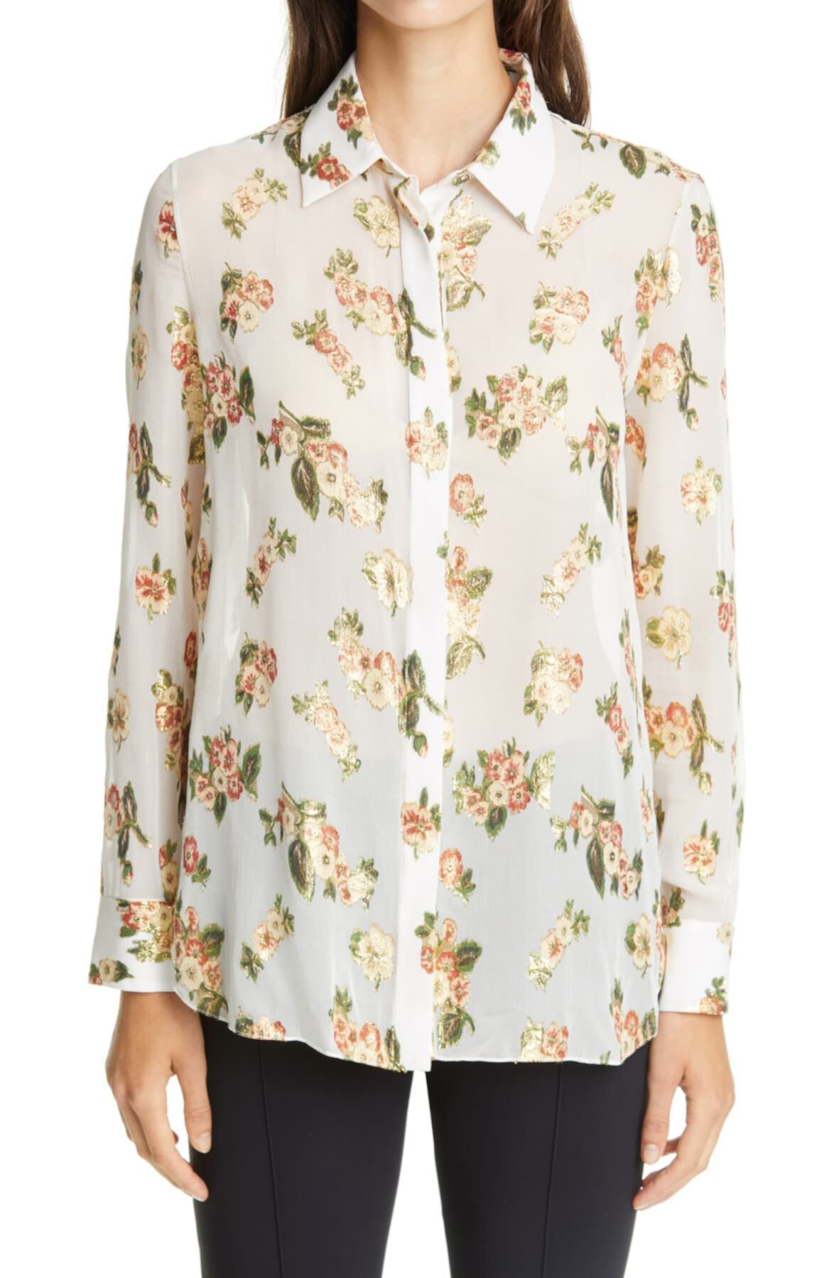Блуза из смесового шелка с эффектом металлик и цветочным принтом Fil Coupé Adam Lippes