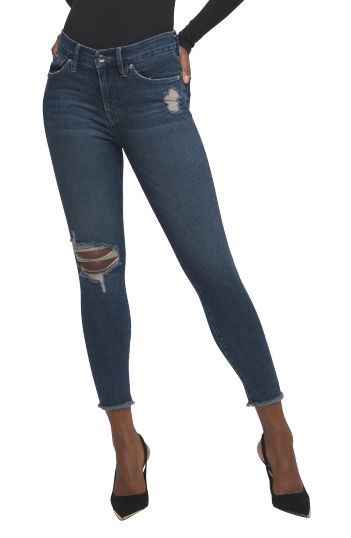 Укороченные укороченные джинсы-скинни Good Legs с потрепанным краем и потертостями Good American