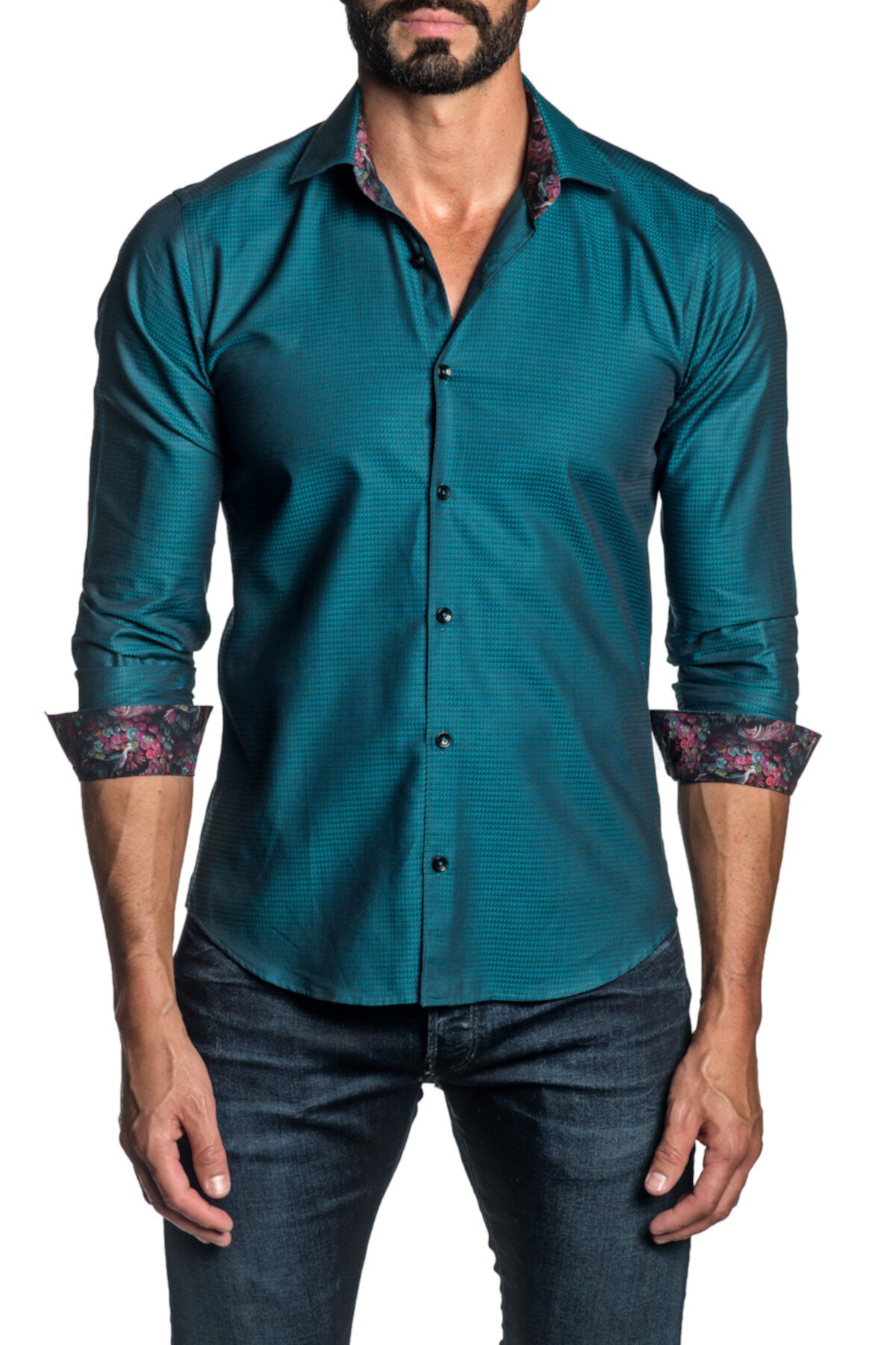 Зеленая бирюзовая классическая рубашка из жаккарда с отделкой под обрез Jared Lang