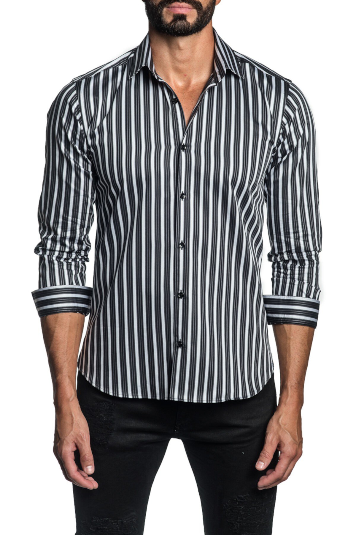 Trim Fit White Black Stripe Dress Shirt Jared Lang