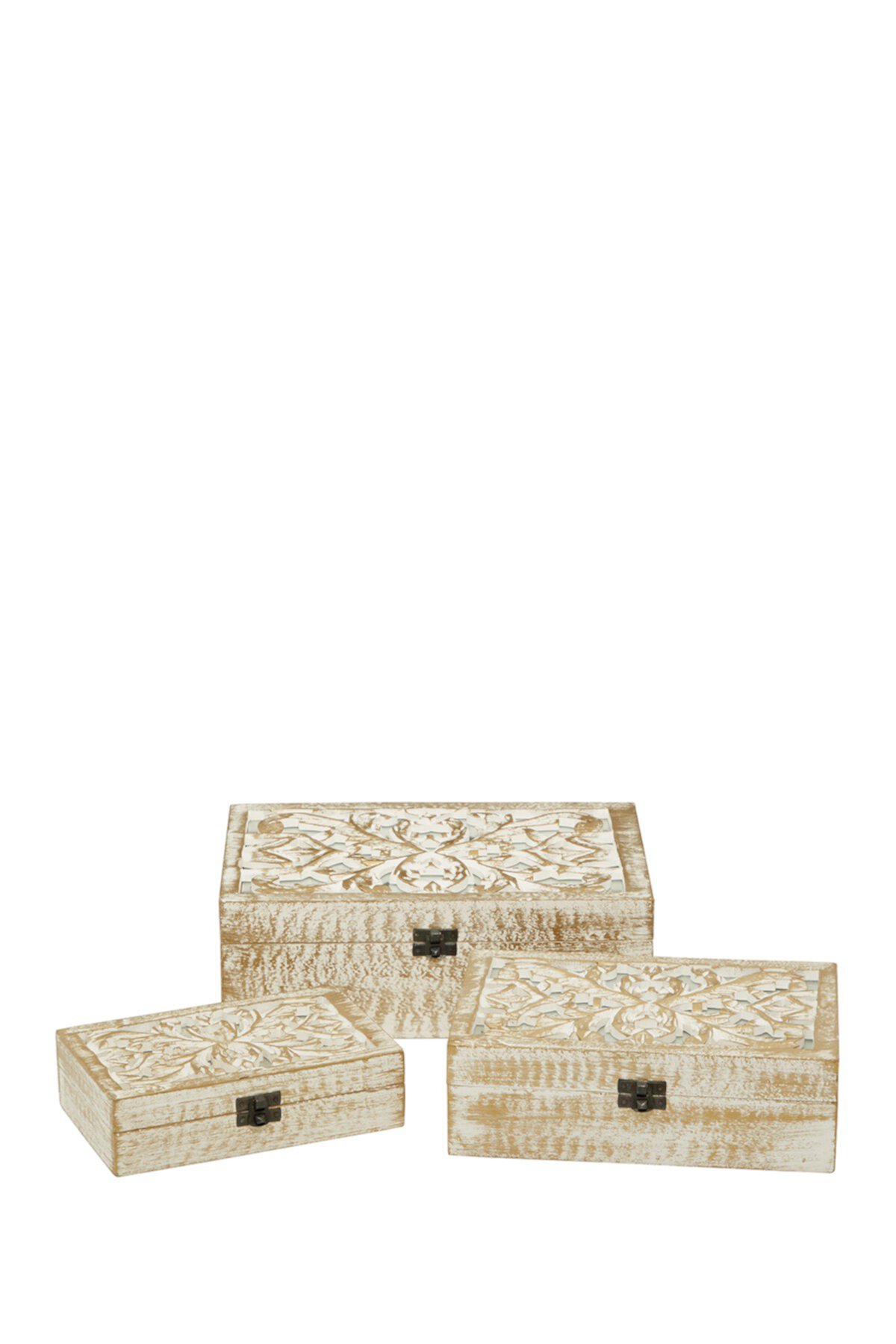 Прямоугольная белая деревянная декоративная шкатулка с филигранной отделкой из натурального дерева - набор из 3 шт. Willow Row