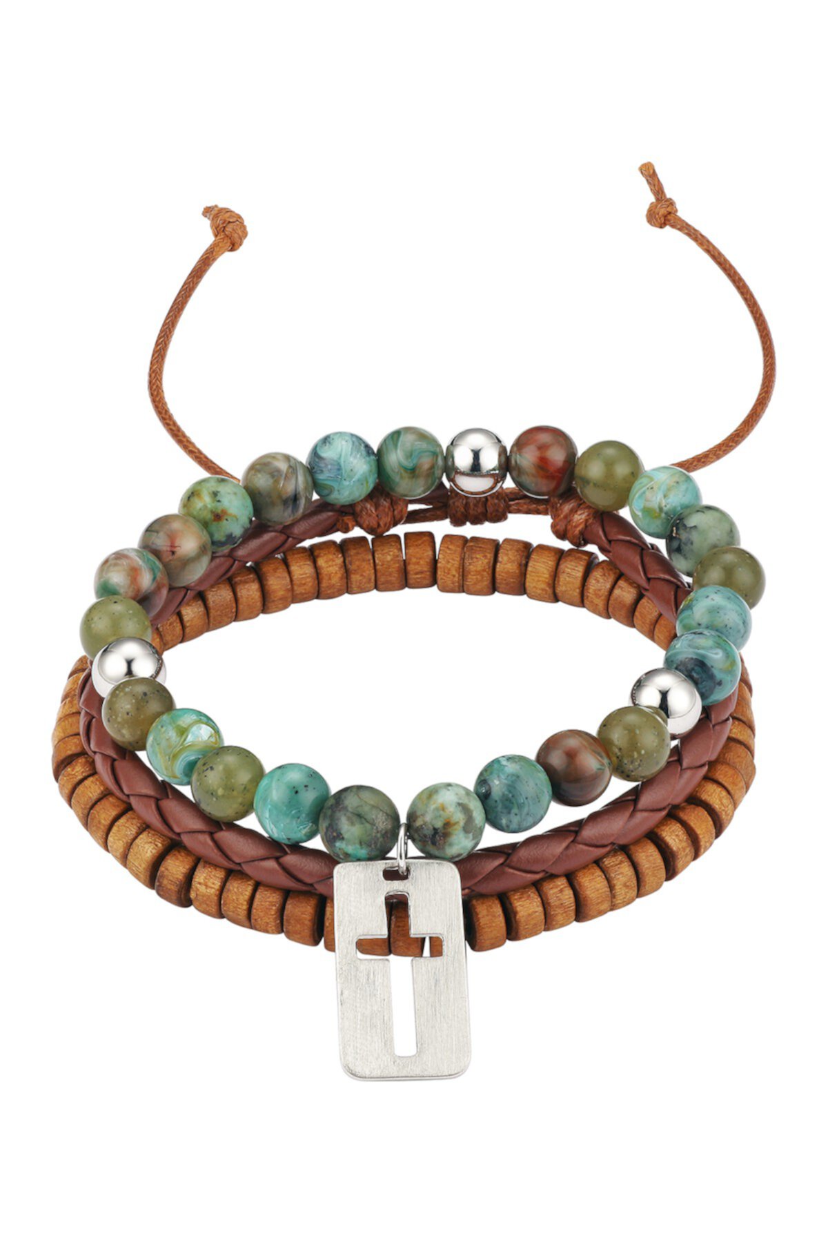Набор из 3 браслетов: бусины из яшмы с вырезанным крестиком, деревянные бусины и магнитные браслеты из искусственной кожи LA Rocks
