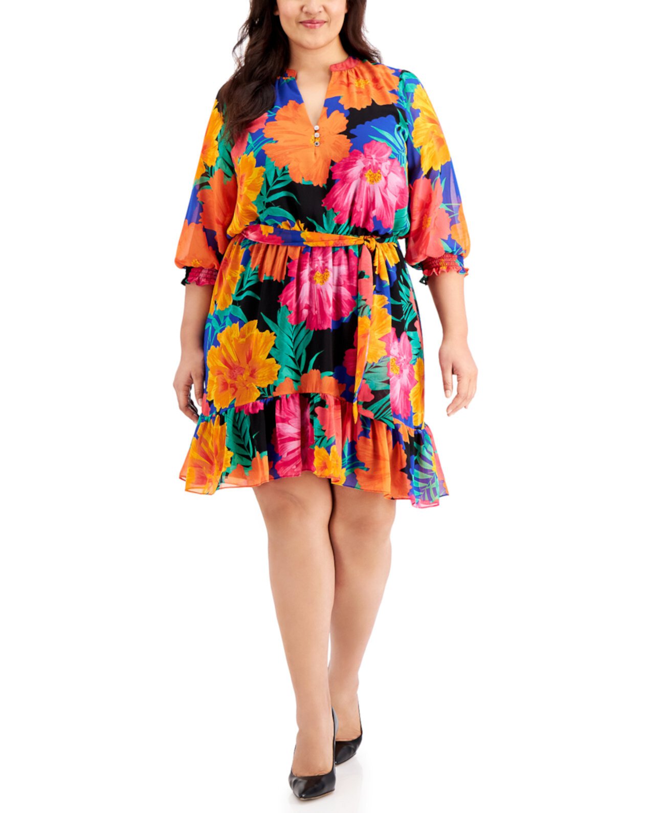 Платье больших размеров с цветочным принтом и оборками Calvin Klein