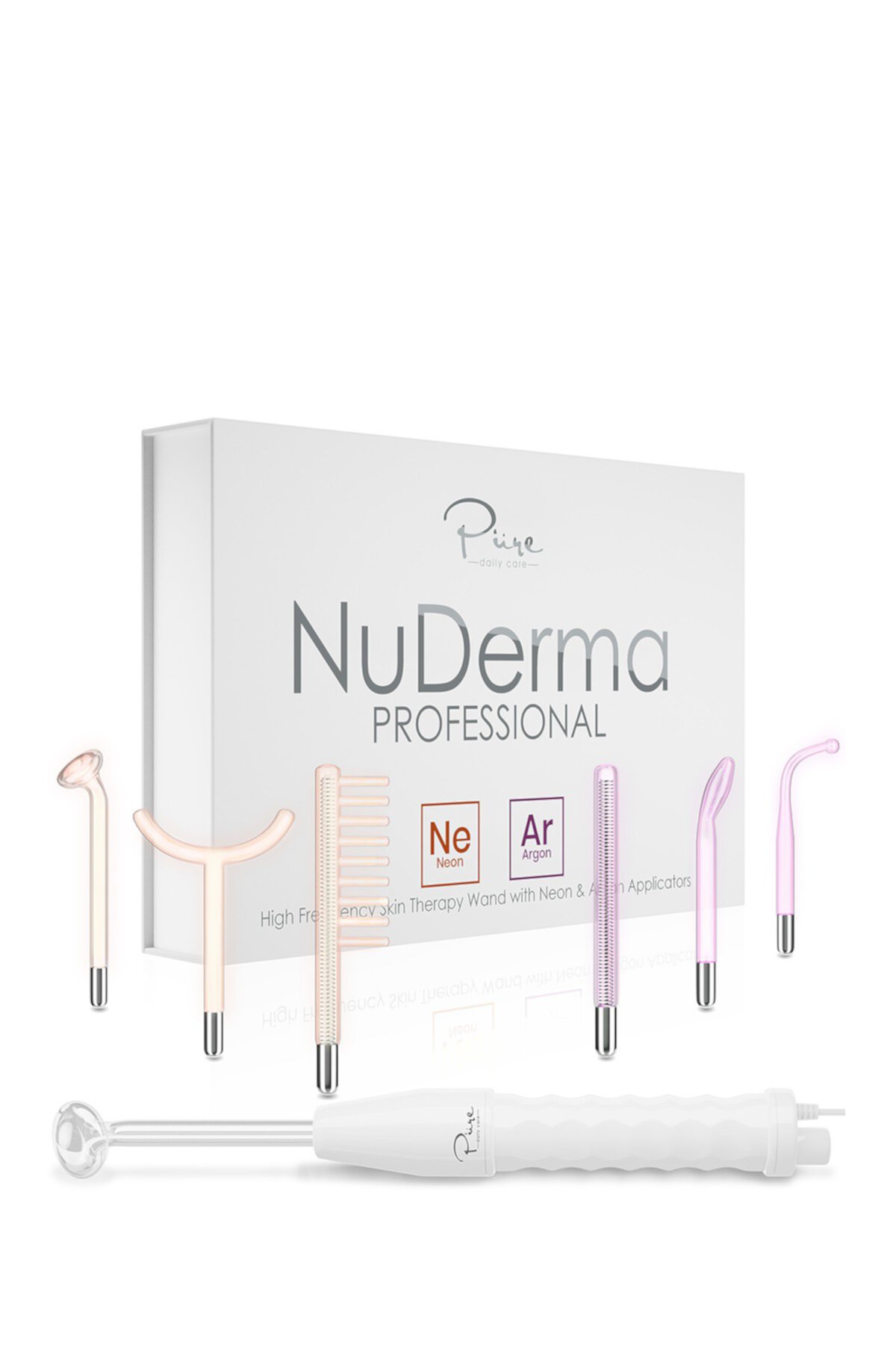 Pure Daily Care NuDerma Professional Skin Therapy Wand - портативный портативный высокочастотный аппарат для терапии кожи с 6 неоновыми и аргоновыми жезлами PURE DAILY CARE