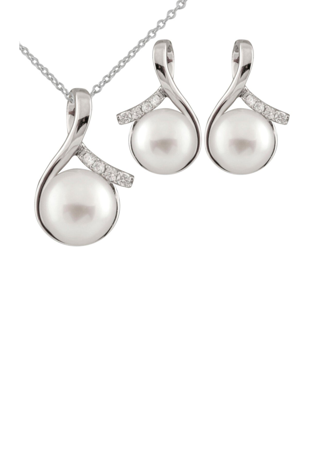 Комплект ожерелья и серег с белым пресноводным жемчугом 8-10 мм и CZ Splendid Pearls