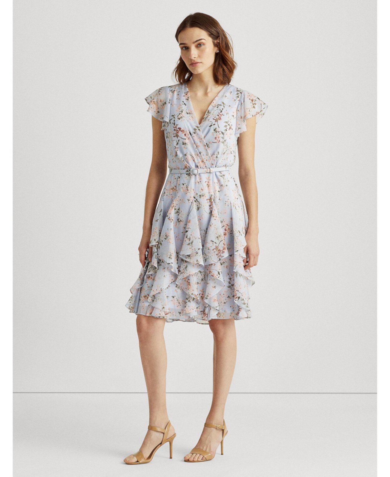Платье из жоржета с цветочной отделкой и оборками Ralph Lauren