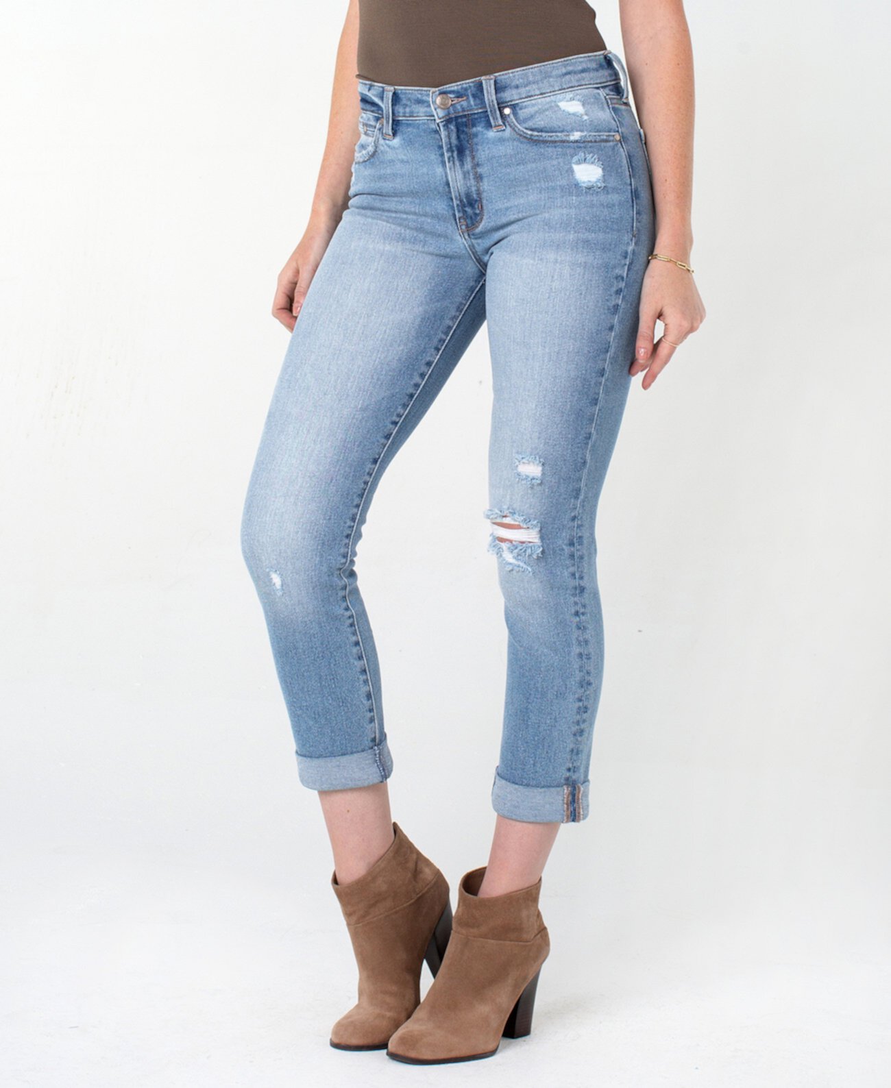 Женские джинсы Girlfriend с закрученными манжетами с поврежденным коленом RACHEL Rachel Roy