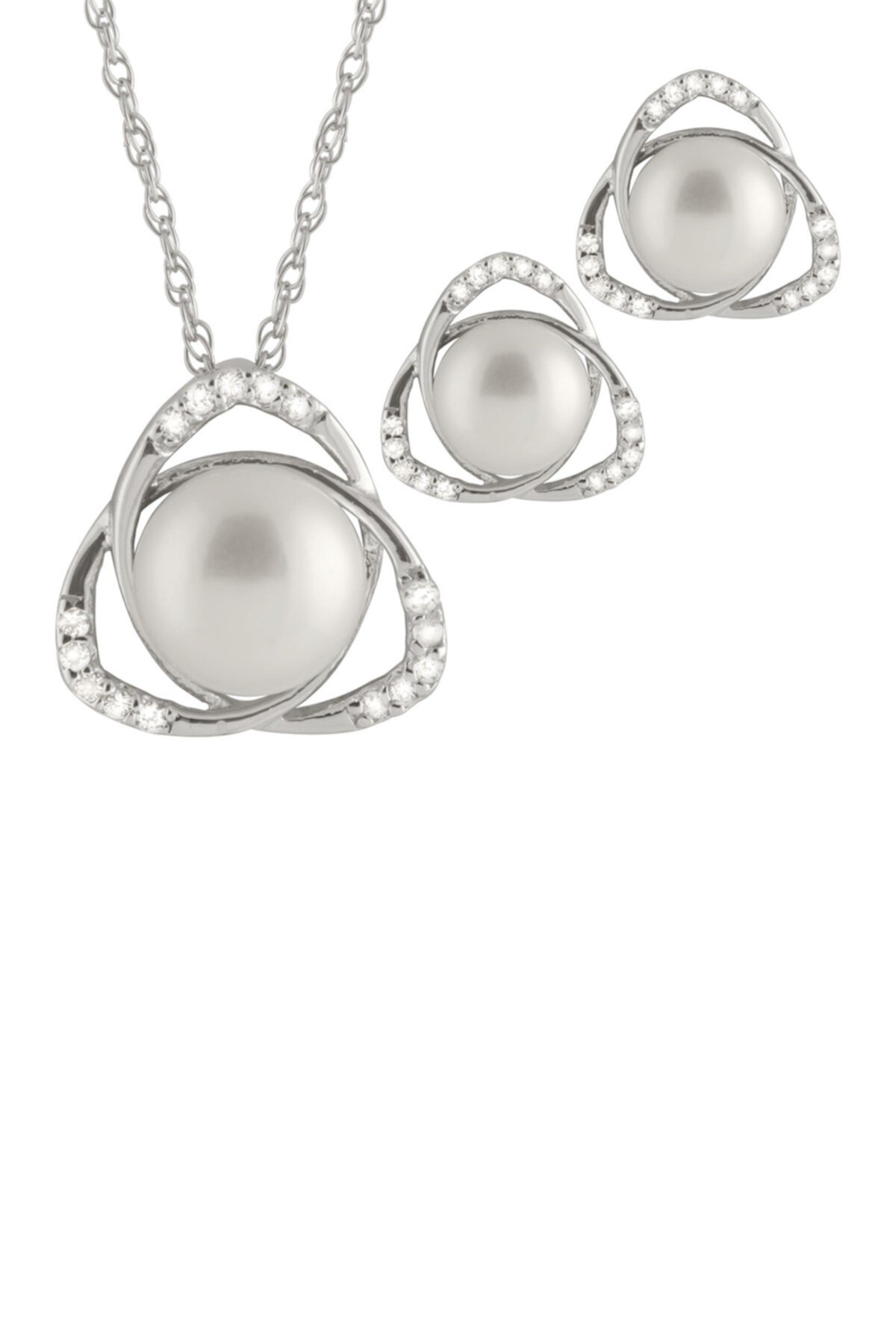 Комплект ожерелья и серег с белым пресноводным жемчугом и мелким паве из CZ 8-10 мм Splendid Pearls
