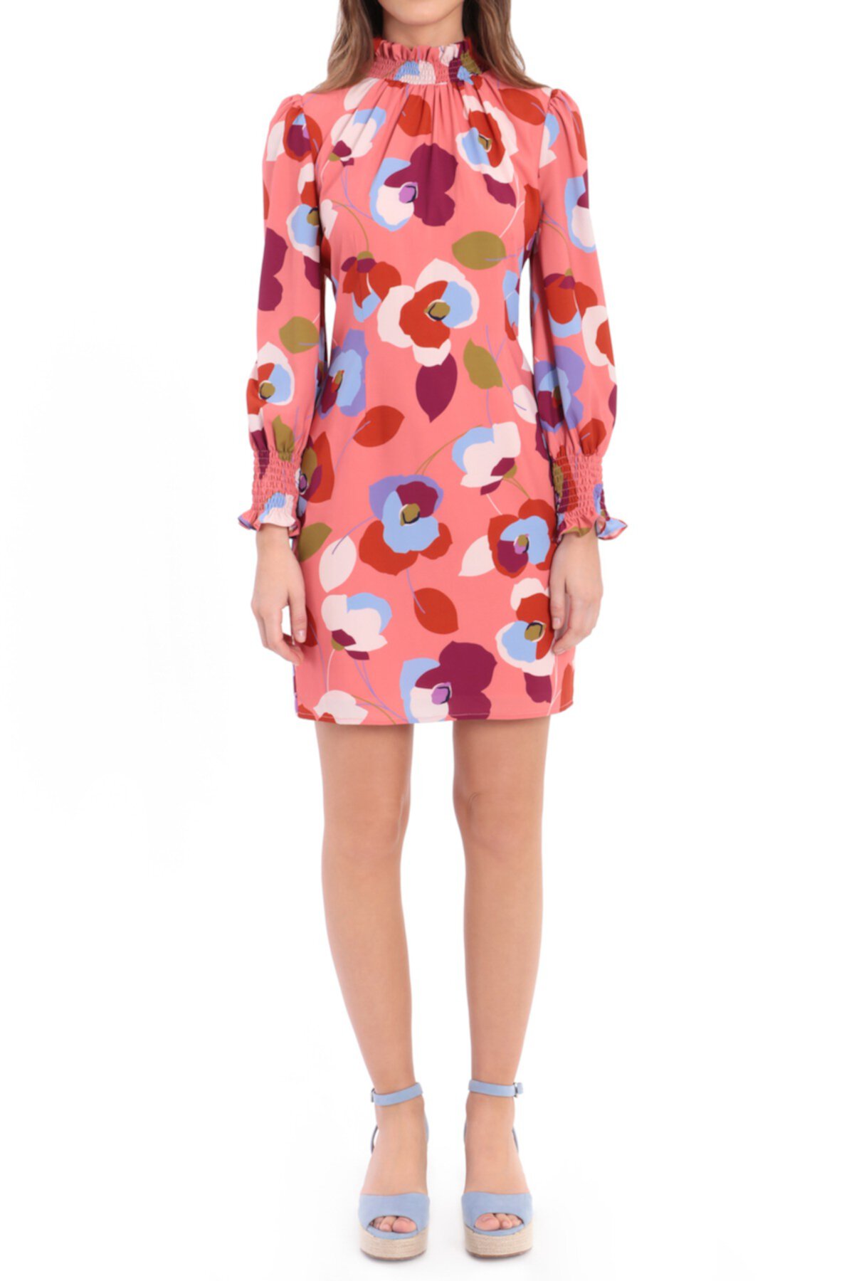 Мини-платье прямого кроя с цветочным принтом и рюшами Donna Morgan