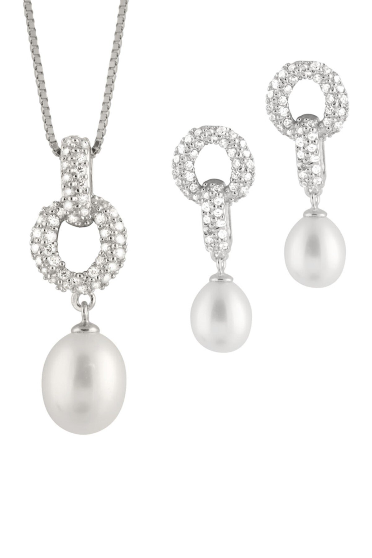 CZ Link, ожерелье и серьги с белым пресноводным жемчугом 8-9 мм Splendid Pearls
