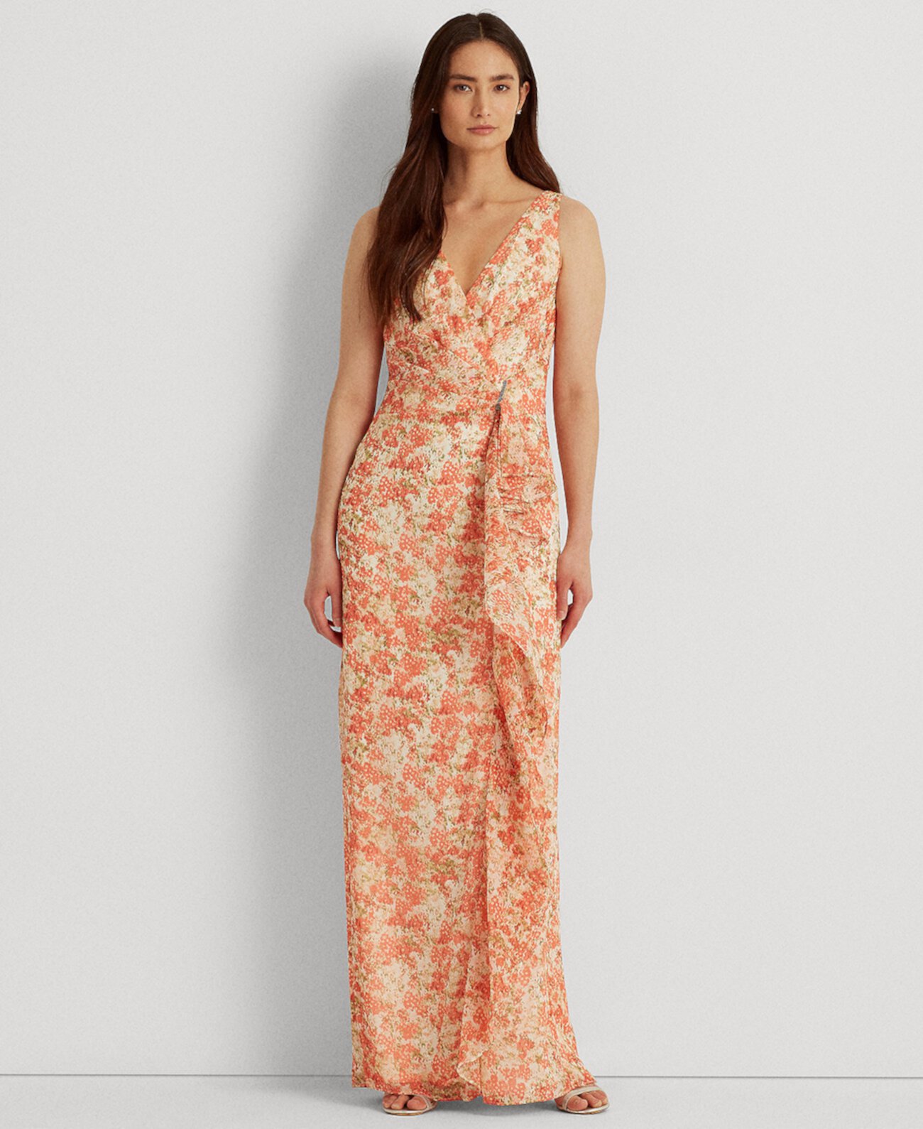 Платье из жоржета с цветочной отделкой и рюшами Ralph Lauren