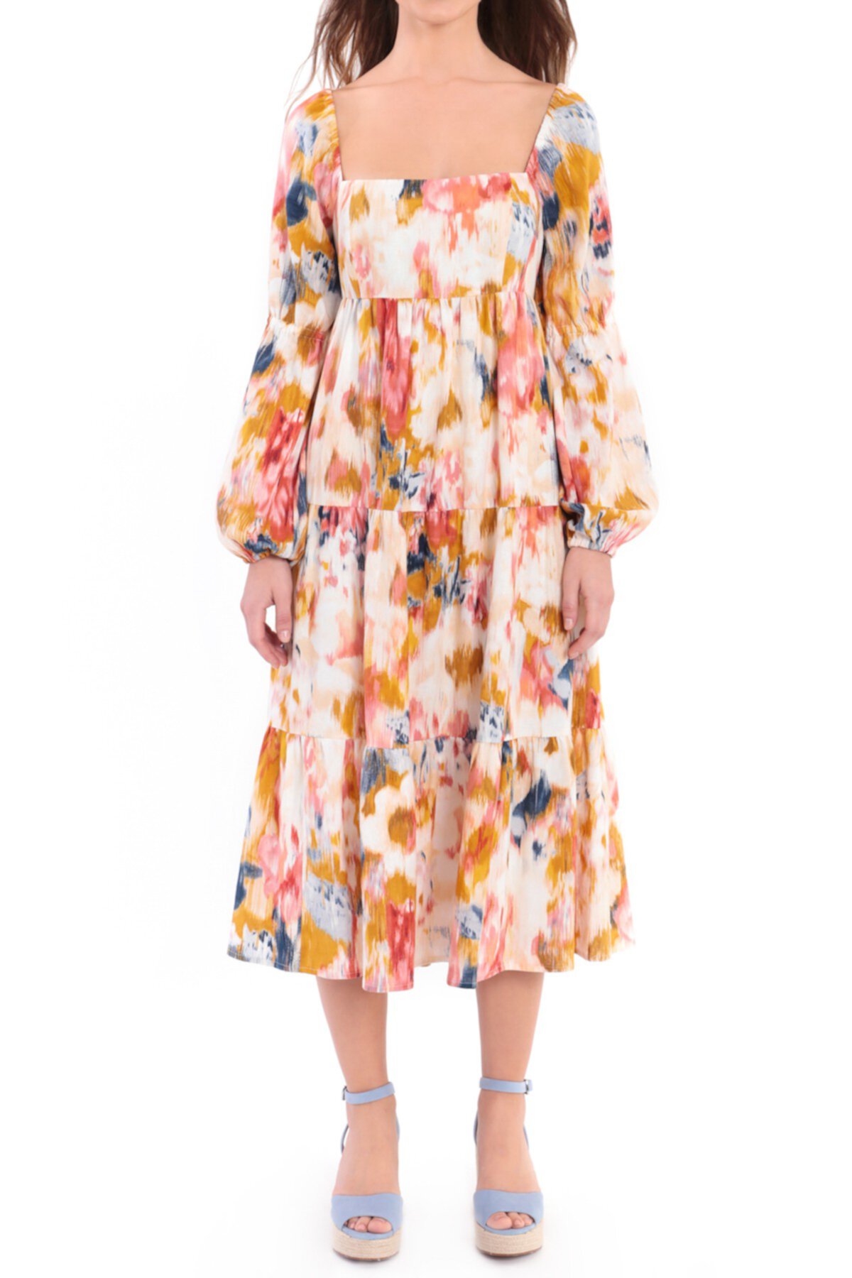 Многослойное платье-миди-миди из смесового льна с принтом Donna Morgan