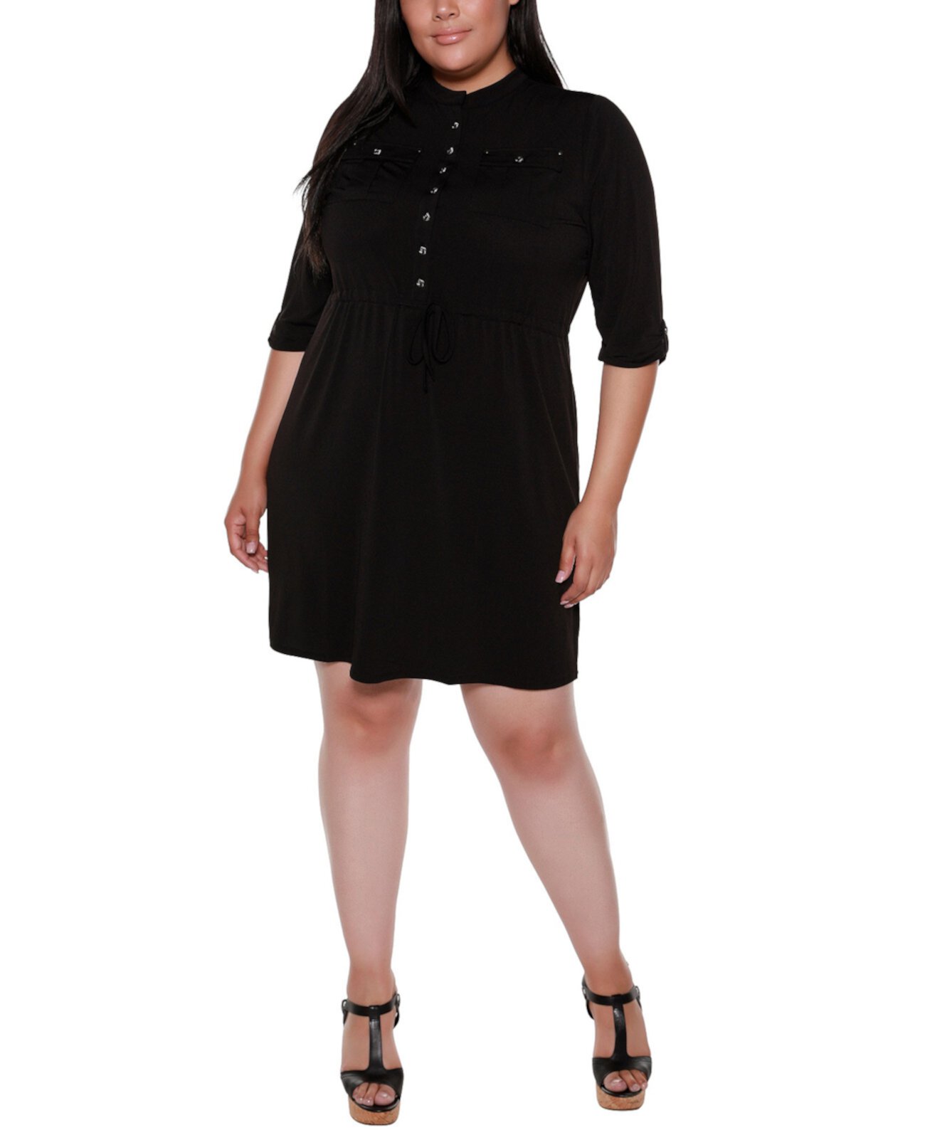 Платье большого размера Black Label с рукавами 3/4 на пуговицах и воротником-стойкой с завязками на талии Belldini