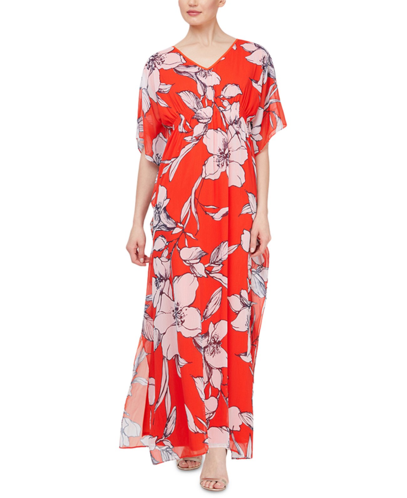 Макси-платье-кафтан со сборками и цветочным принтом SL Fashions