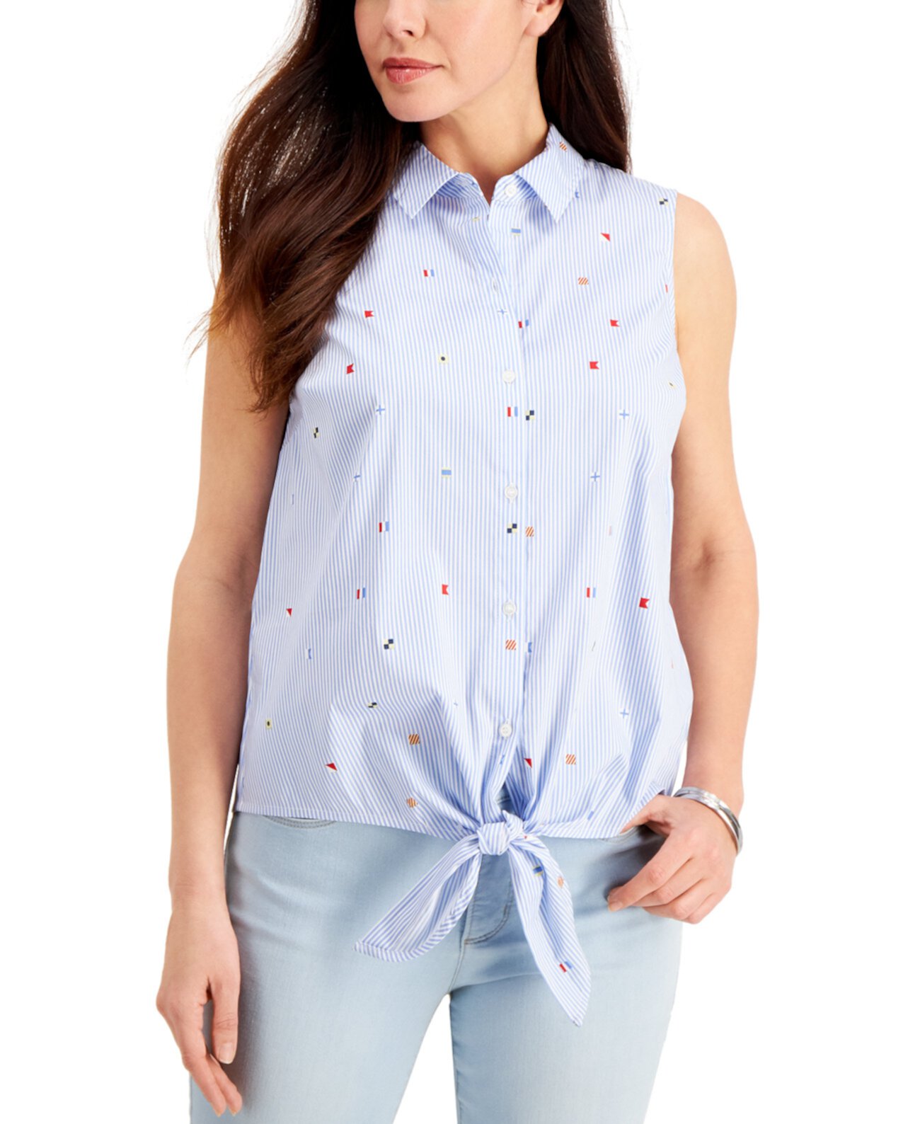 Блуза из поплина с принтом без рукавов с завязками спереди, создана для Macy's Charter Club