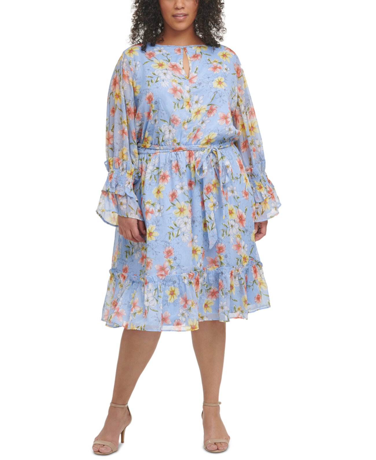 Шифоновое платье больших размеров с цветочным принтом и рюшами на подоле с каплевидным вырезом Calvin Klein
