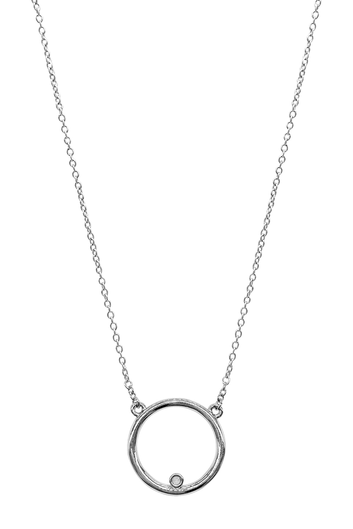 Ожерелье с подвеской в виде открытого круга с плавающим бриллиантом и белым родиевым покрытием - 0.01 ctw ADORNIA