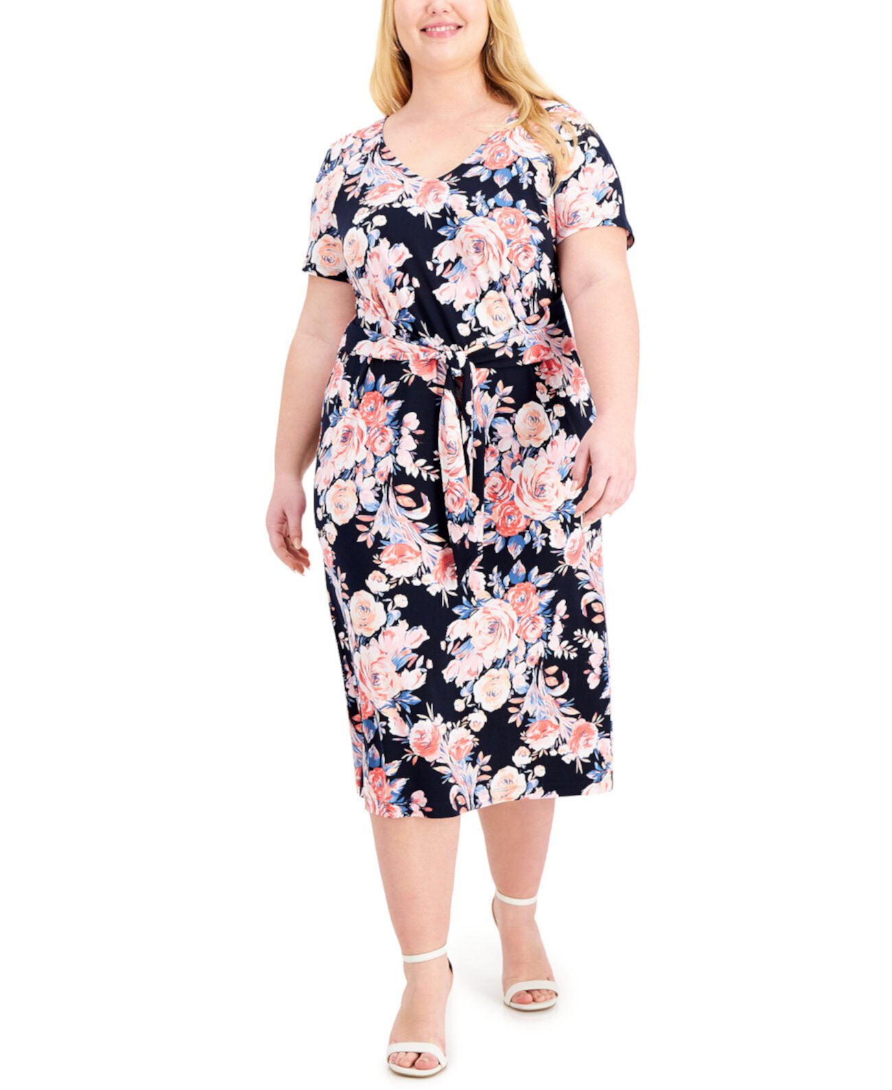 Платье-футляр большого размера с цветочным принтом и завязкой на талии Connected