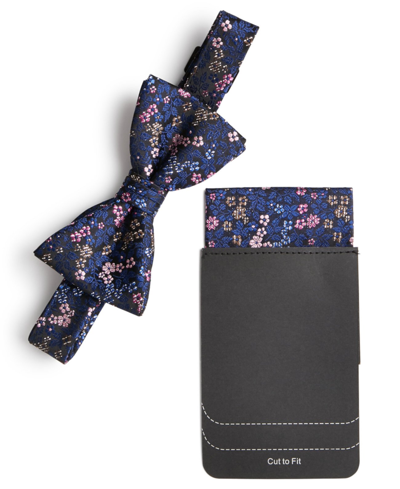 Мужской темно-синий галстук-бабочка и нагрудный платок с металлическим цветочным принтом Tallia