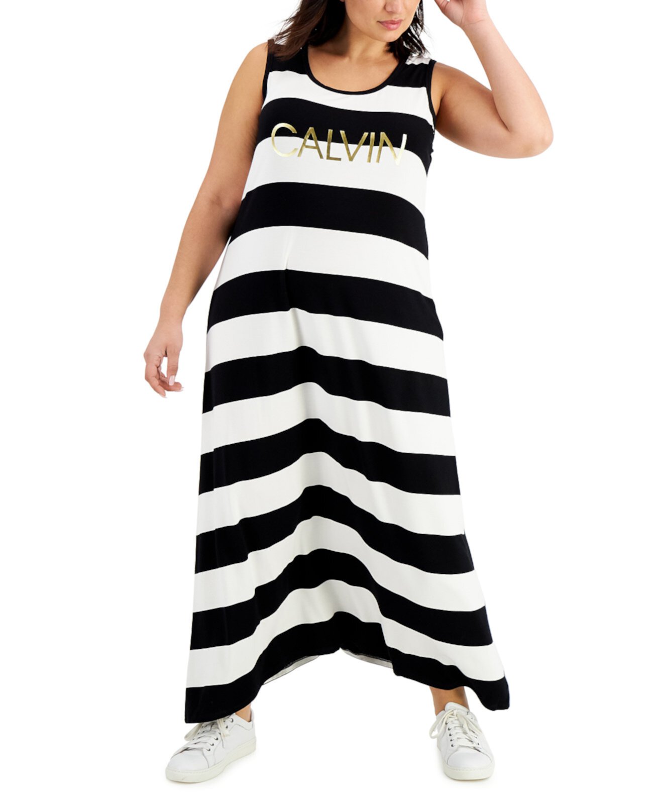 Платье больших размеров в полоску с логотипом Calvin Klein