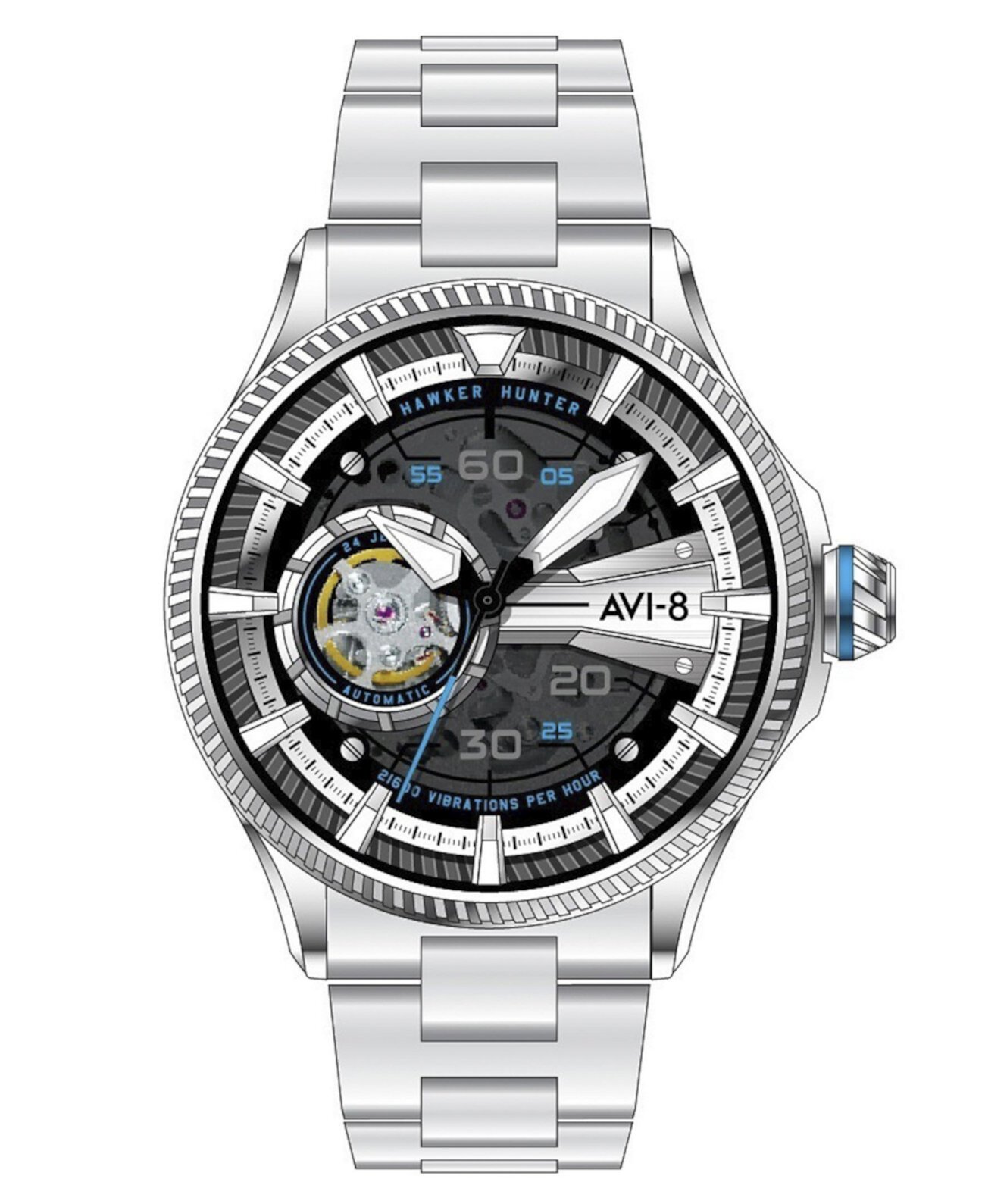 AVI 8 Men s Hawker Hunter Avon Automatic Diamonds Silver Tone