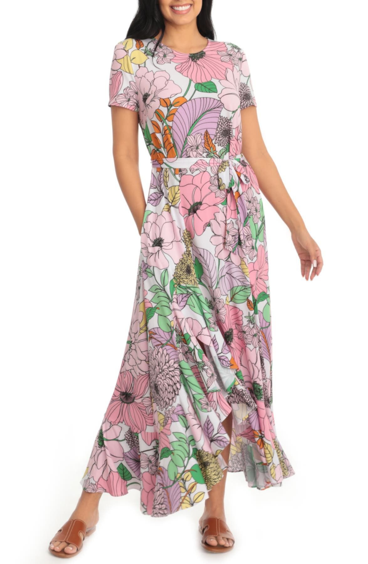 Платье макси из джерси с короткими рукавами в стиле ретро с цветочным рисунком London Times