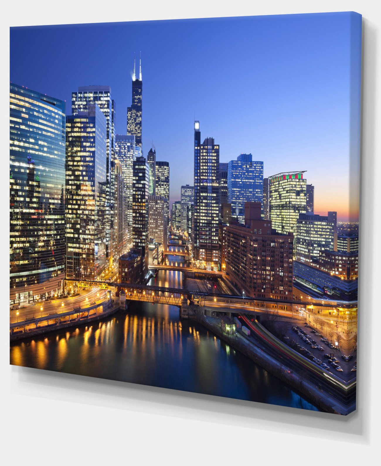 Designart Река Чикаго с мостами на закате, холст с изображением городского пейзажа - 40 "X 30" Design Art