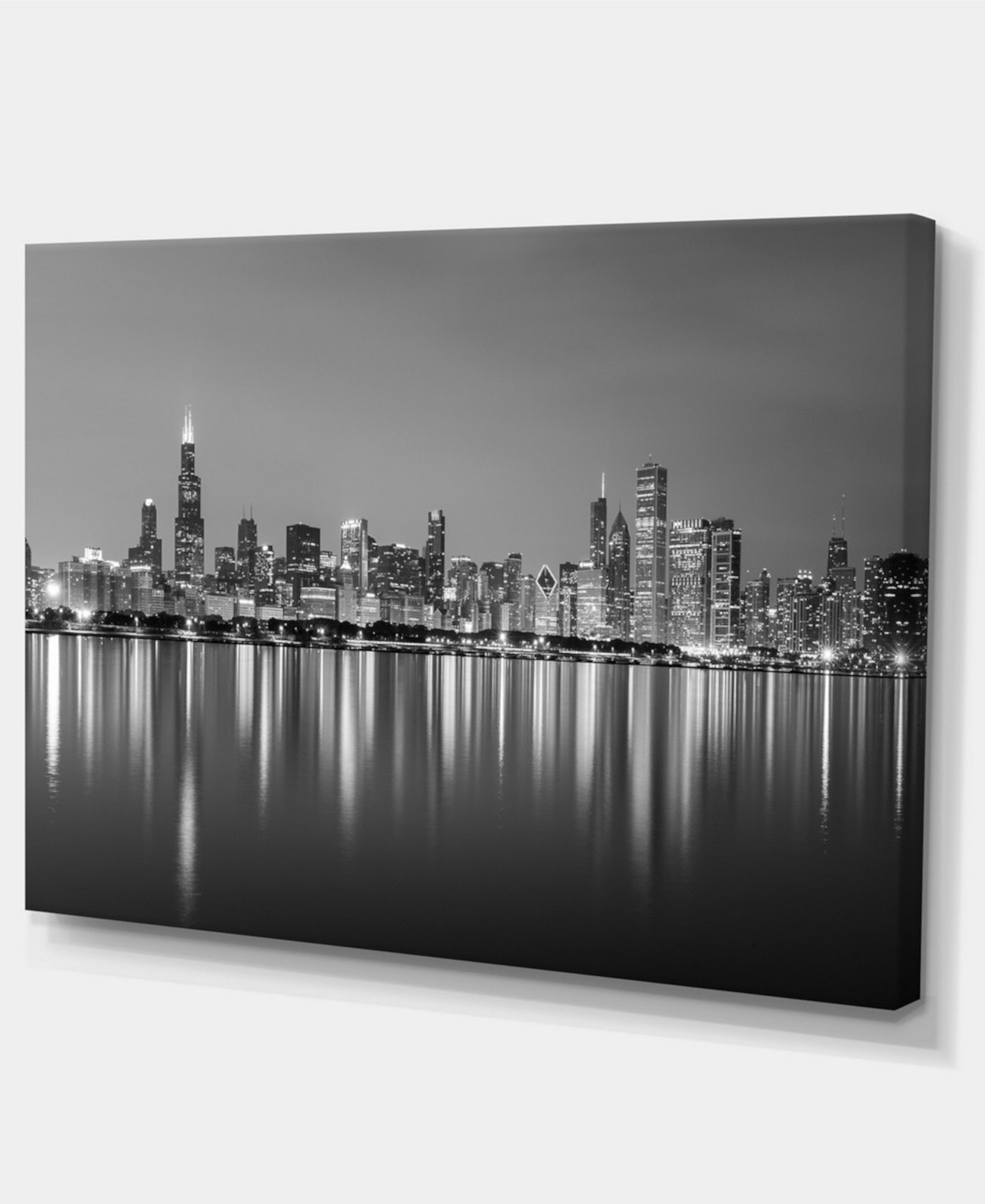 Designart Чикаго Skyline ночью Черно-белый холст с изображением городского пейзажа - 32 "X 16" Design Art