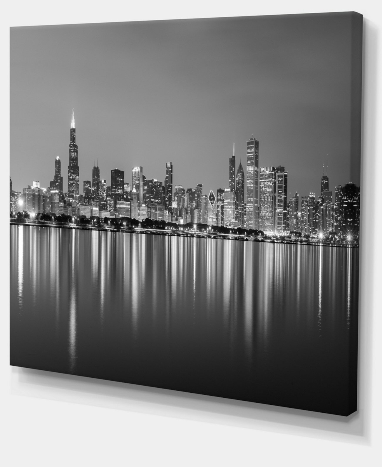 Designart Чикаго Горизонт ночью Черно-белый холст с изображением городского пейзажа - 20 "X 12" Design Art