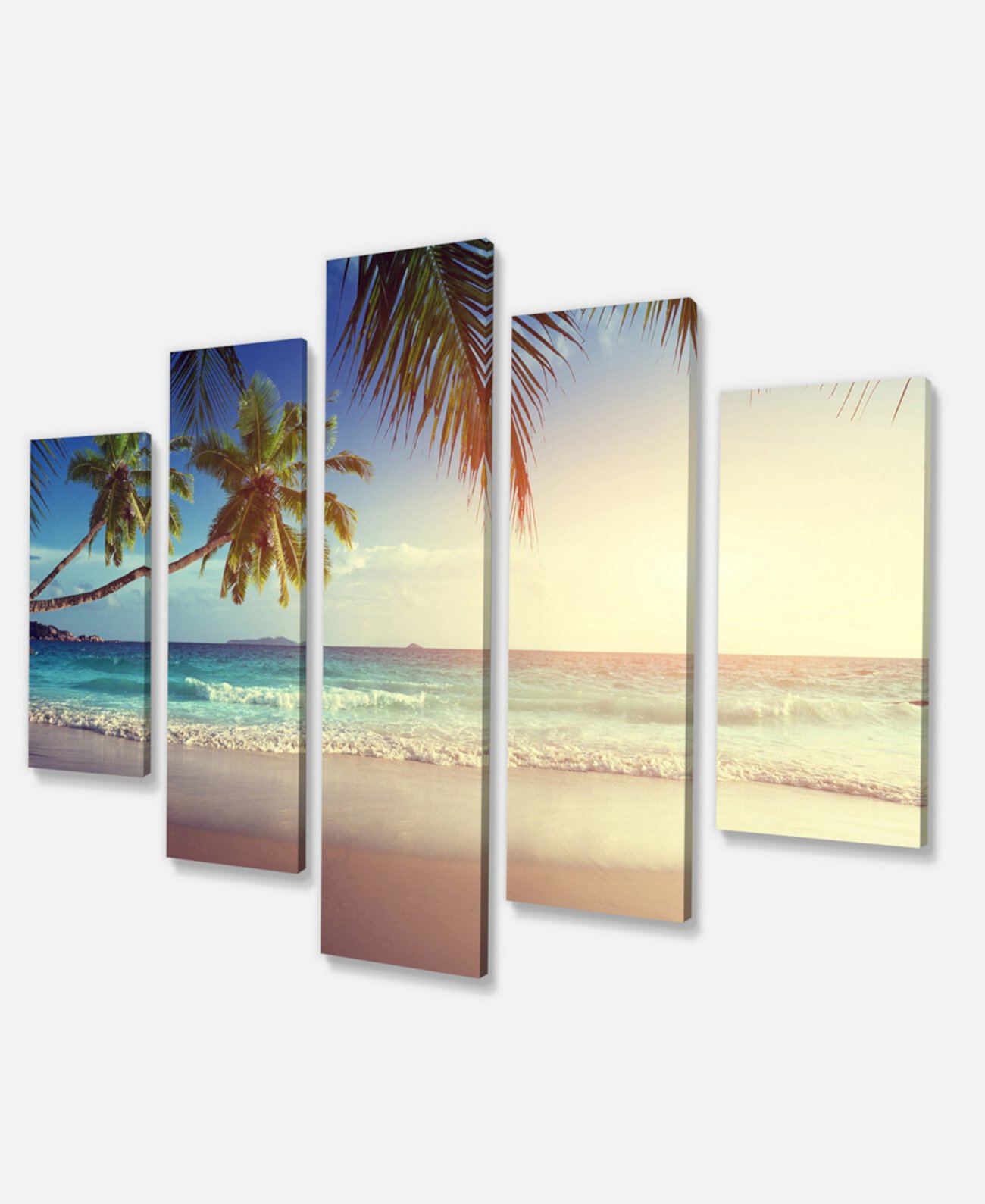 Designart Типичный закат на пляже Сейшельских островов Очень большой холст с морским пейзажем - 60 "X 32" - 5 панелей Design Art
