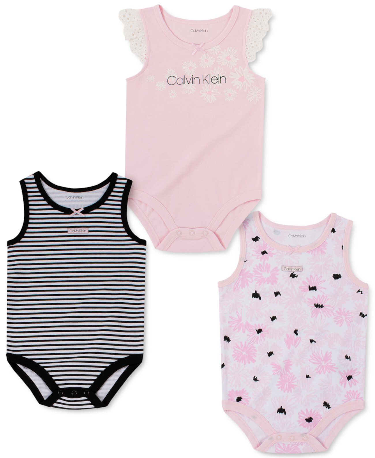 Комплект из 3 боди без рукавов с развевающейся отделкой и рисунком для маленьких девочек Calvin Klein