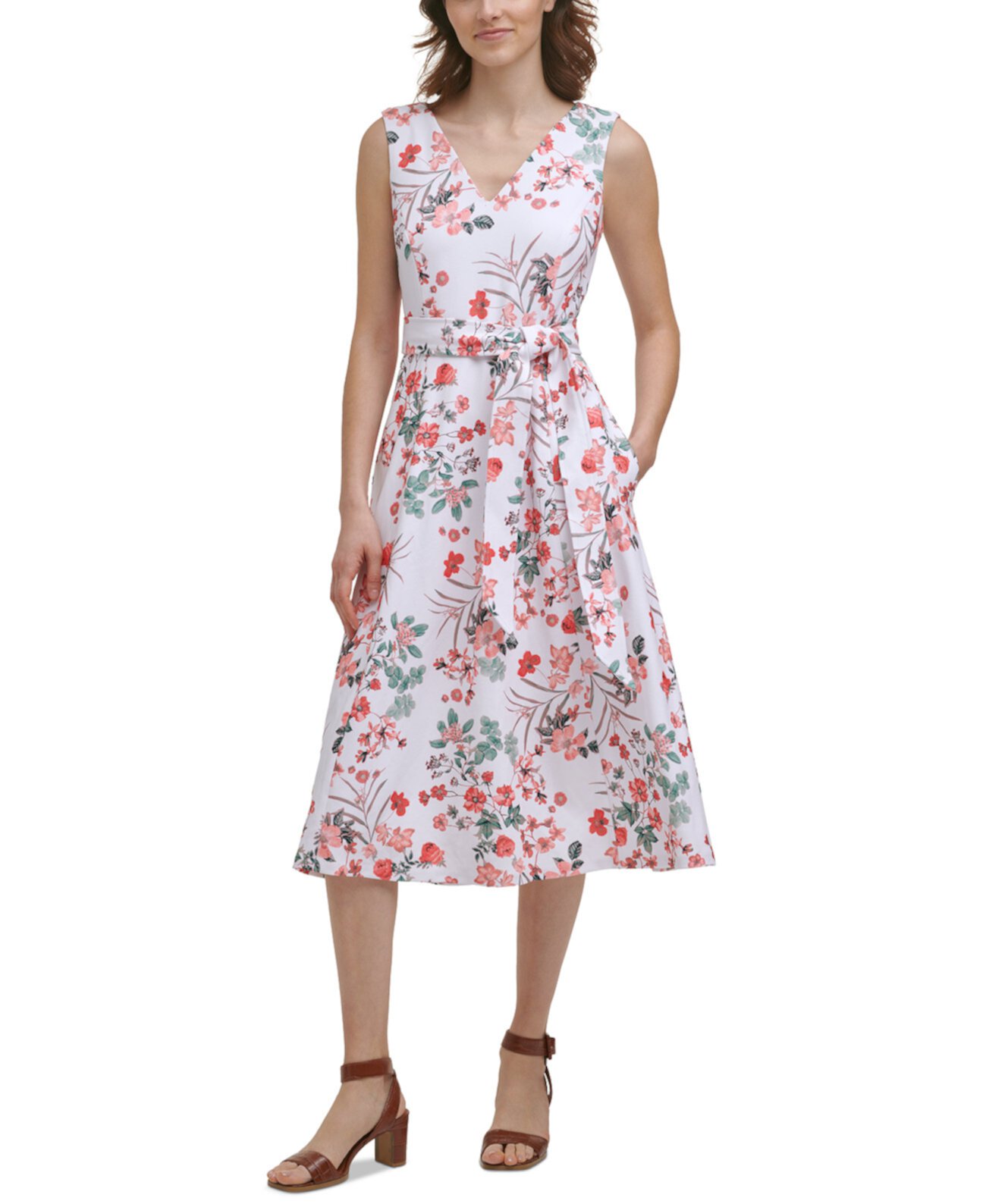 Платье миди с V-образным вырезом и поясом Petite с цветочным принтом Calvin Klein