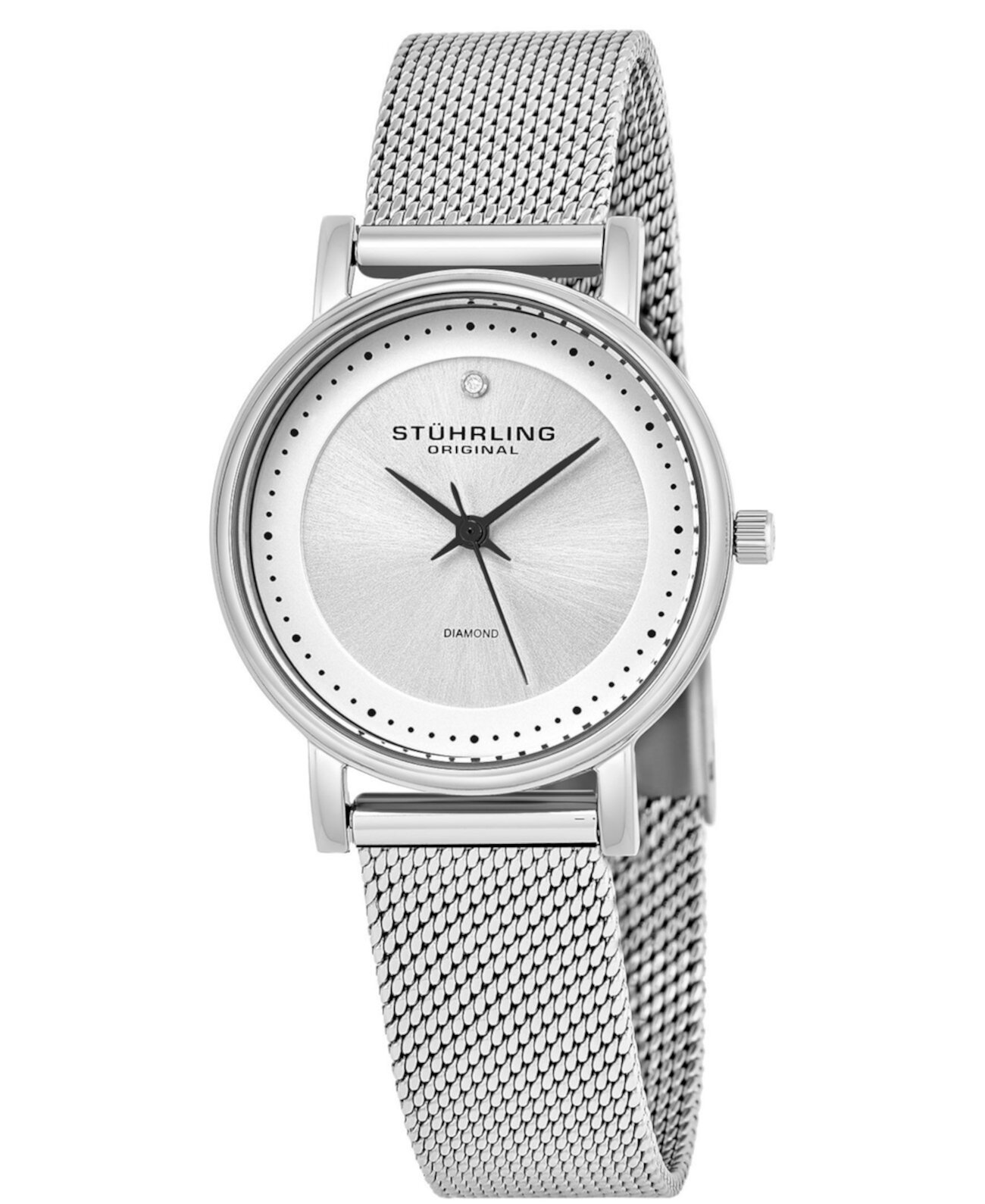 Смарт часы Stuhrling Original Stainless Steel Case on Mesh Bracelet, Silver Dial, With Black Accents, and Diamond At 12 Stuhrling