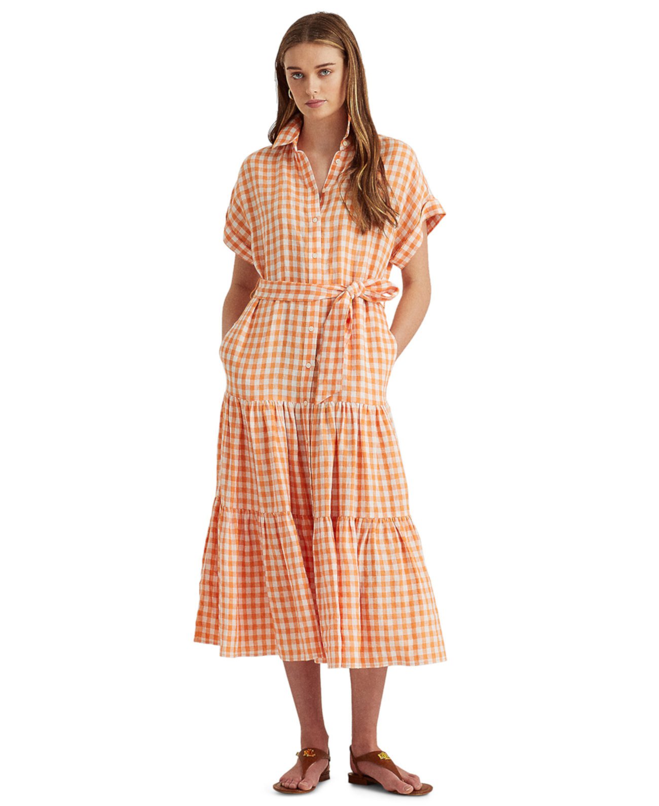 Льняное платье-рубашка в мелкую клетку Ralph Lauren