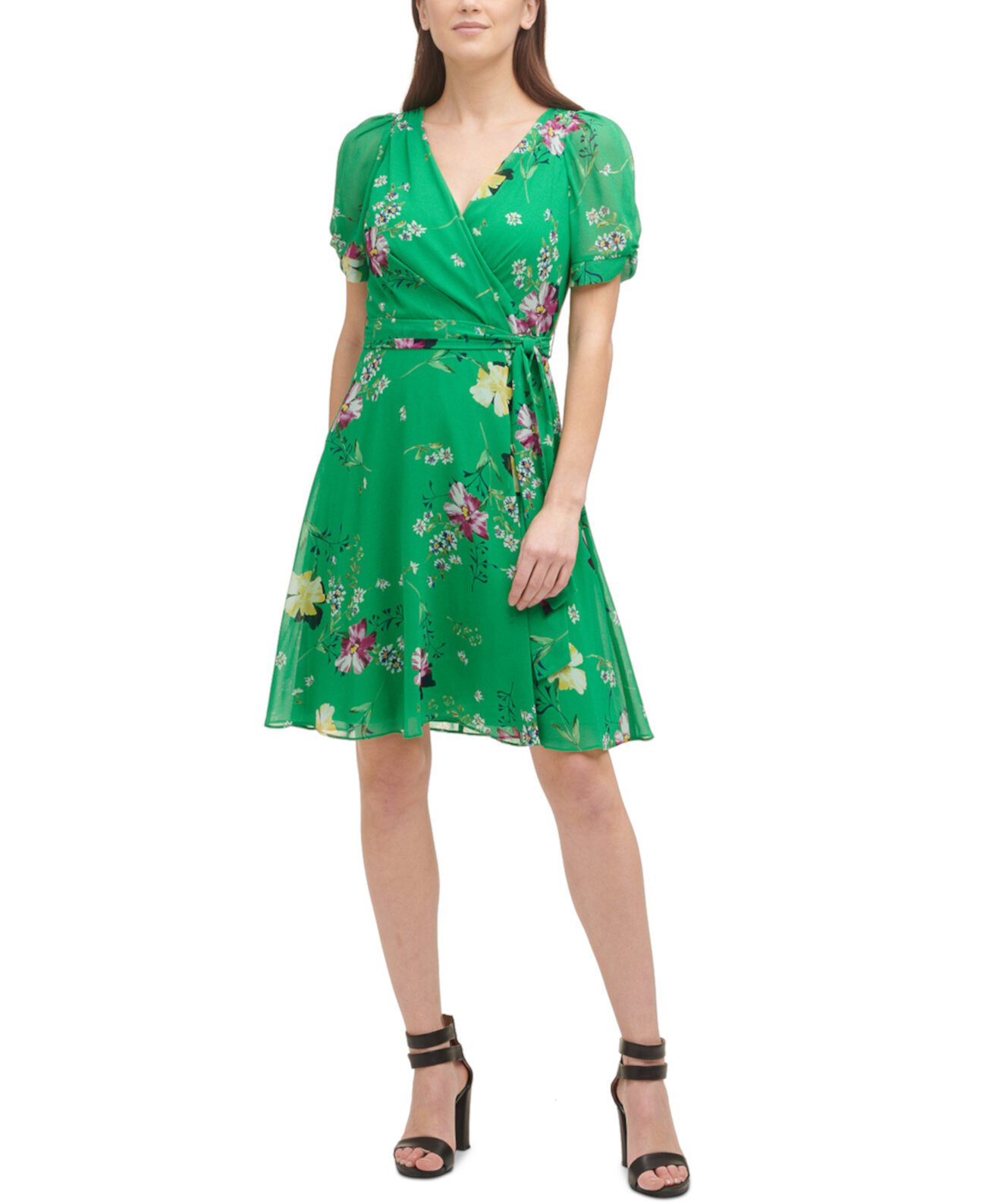 Платье с цветочным принтом и узлами на рукавах с искусственным запахом DKNY