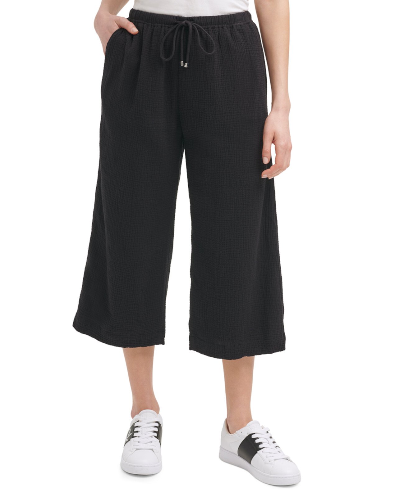Укороченные хлопковые брюки без застежки с широкими штанинами Calvin Klein