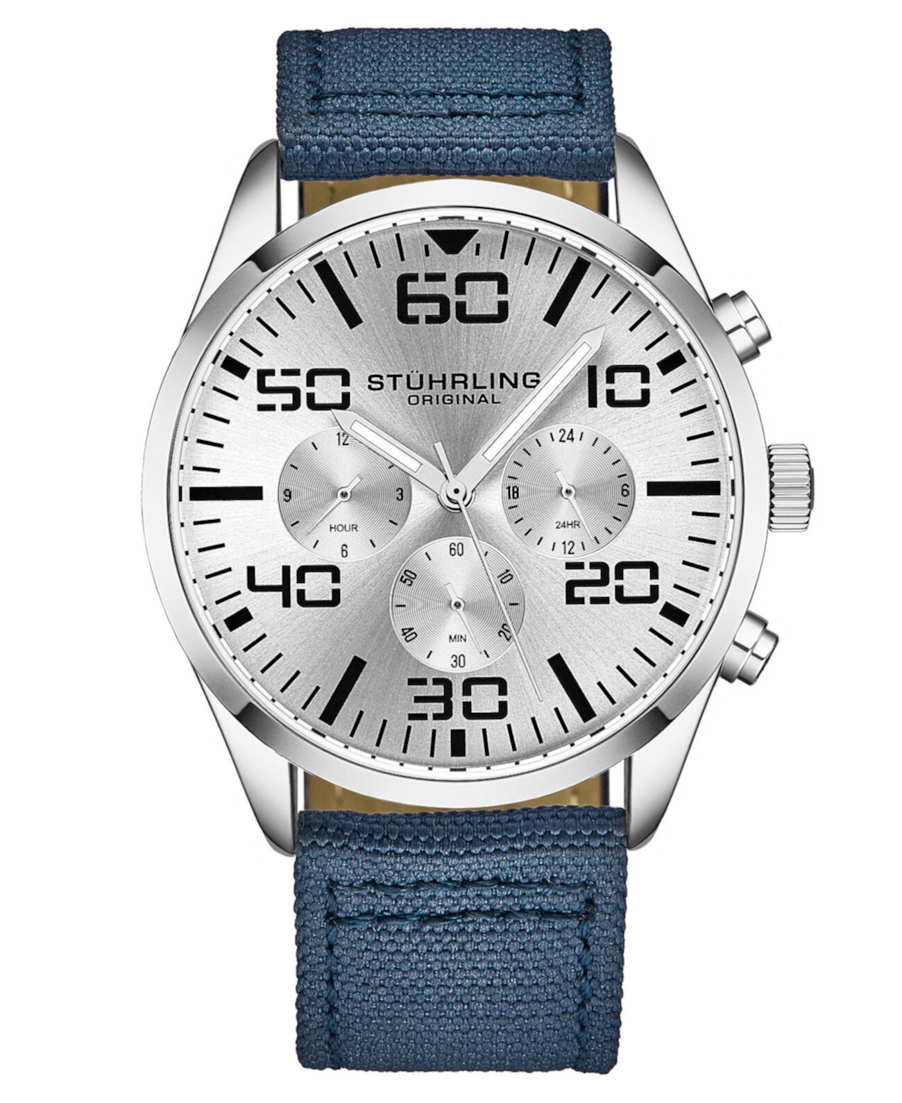 Мужские часы Chrono, темно-синяя ткань, с голубым ремешком, контрастной строчкой, 42 мм Stuhrling